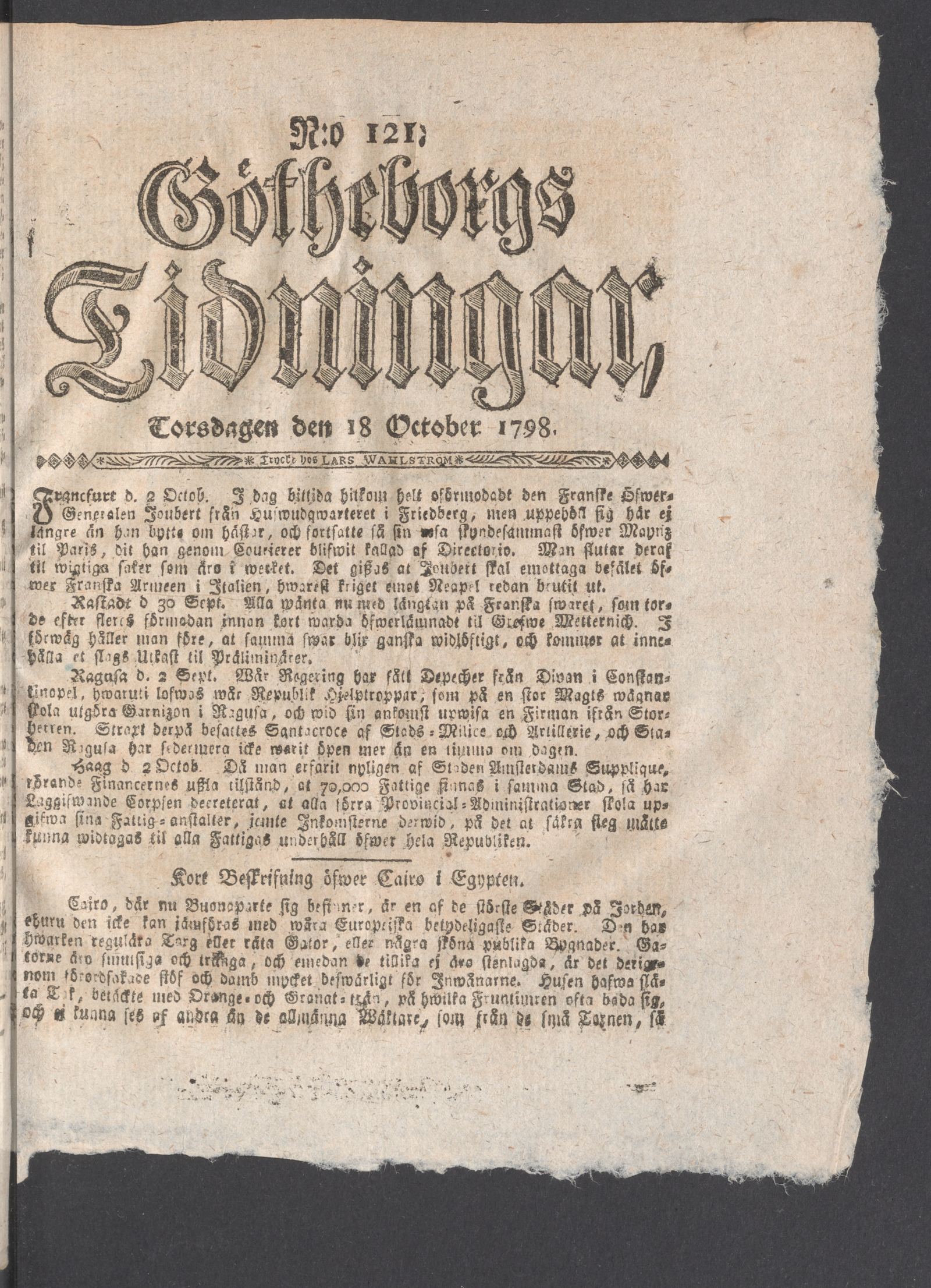 Tidningssida ur GÖTHEBORGS TIDNINGAR, 1798-10-18