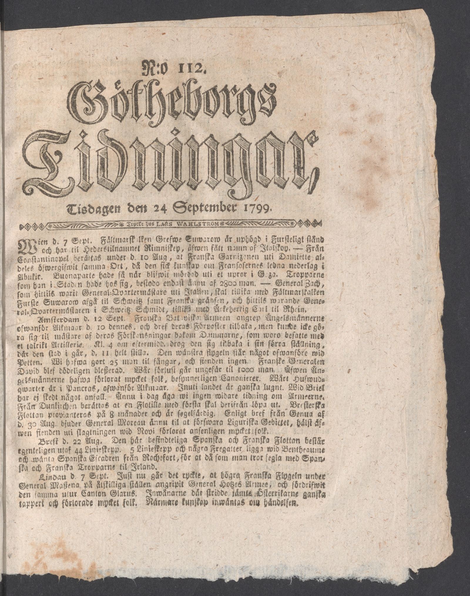 Tidningssida ur GÖTHEBORGS TIDNINGAR, 1799-09-24