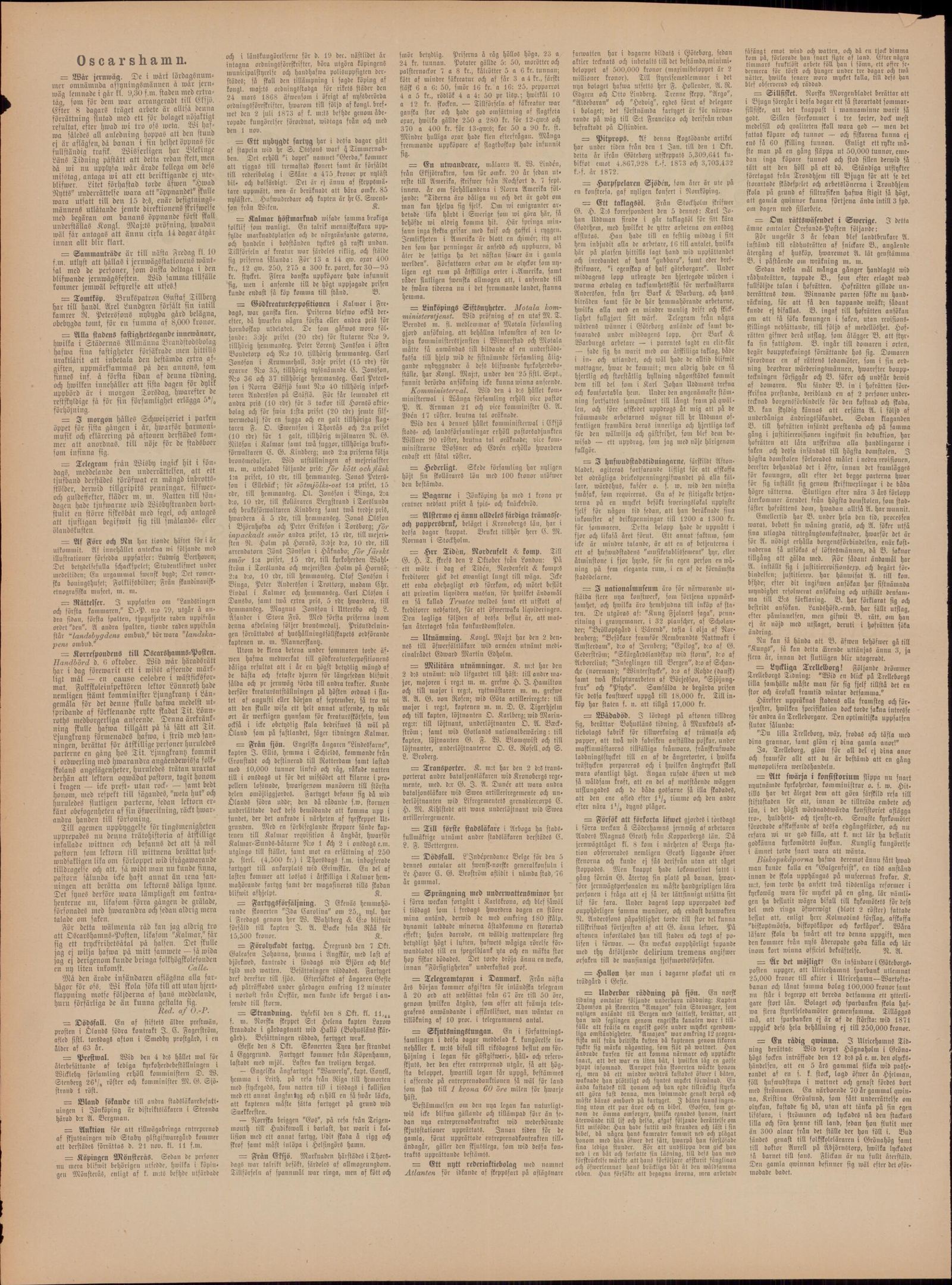 Tidningssida ur Oscarshamnsposten, 1874-10-14