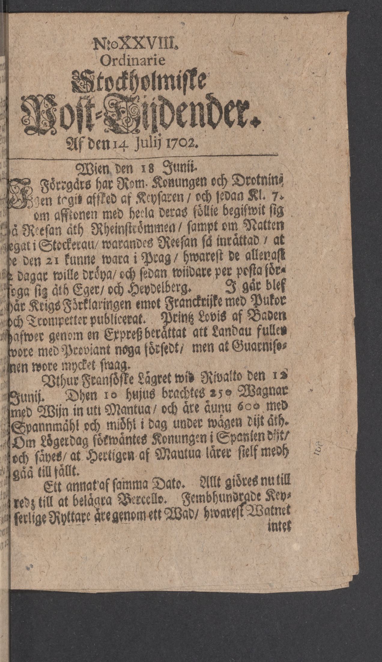 Tidningssida ur POSTTIDNINGAR, 1702-07-14