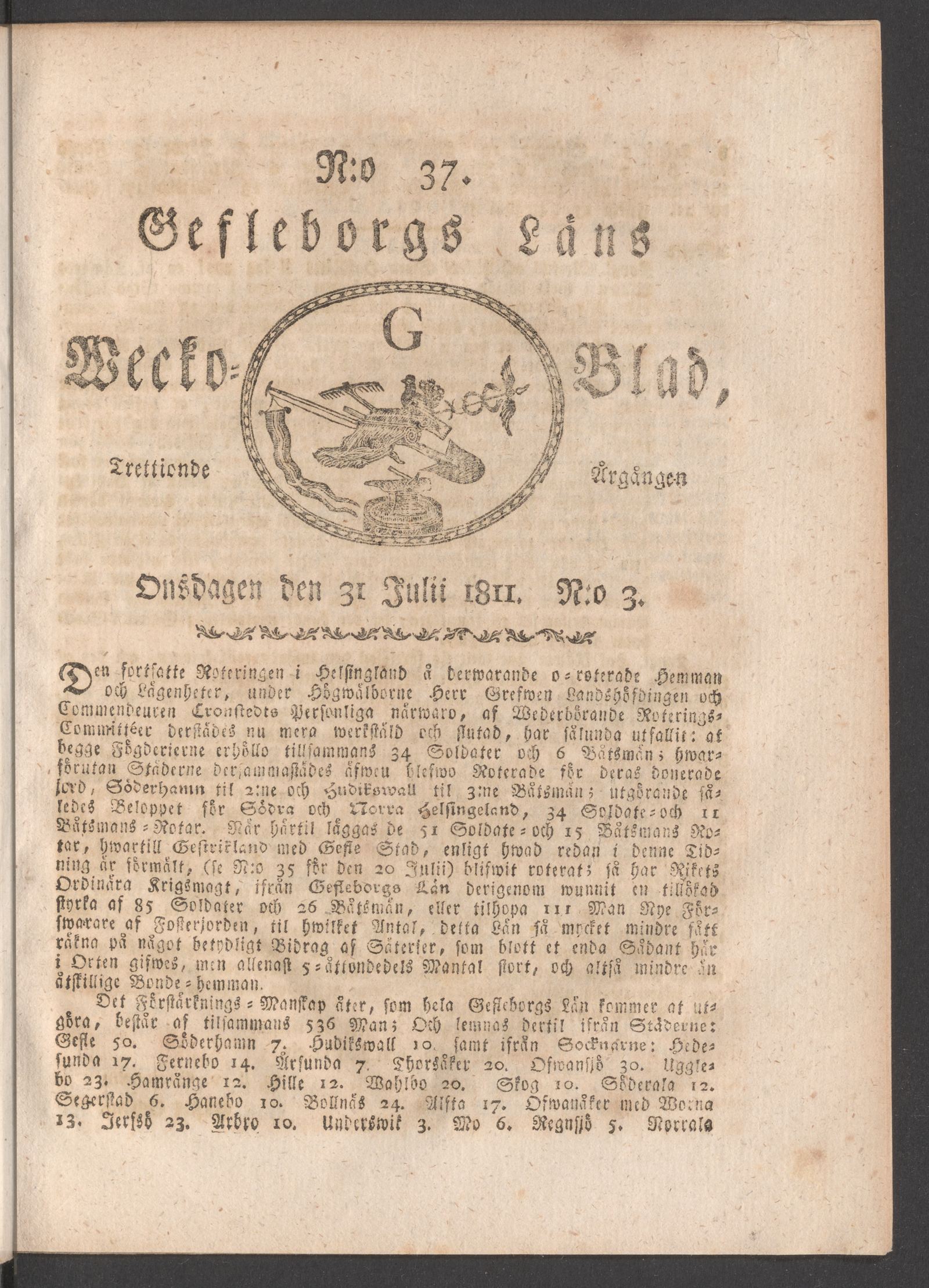 Tidningssida ur WECKOBLAD FÖR GEFLEBORGS LÄN, 1811-07-31