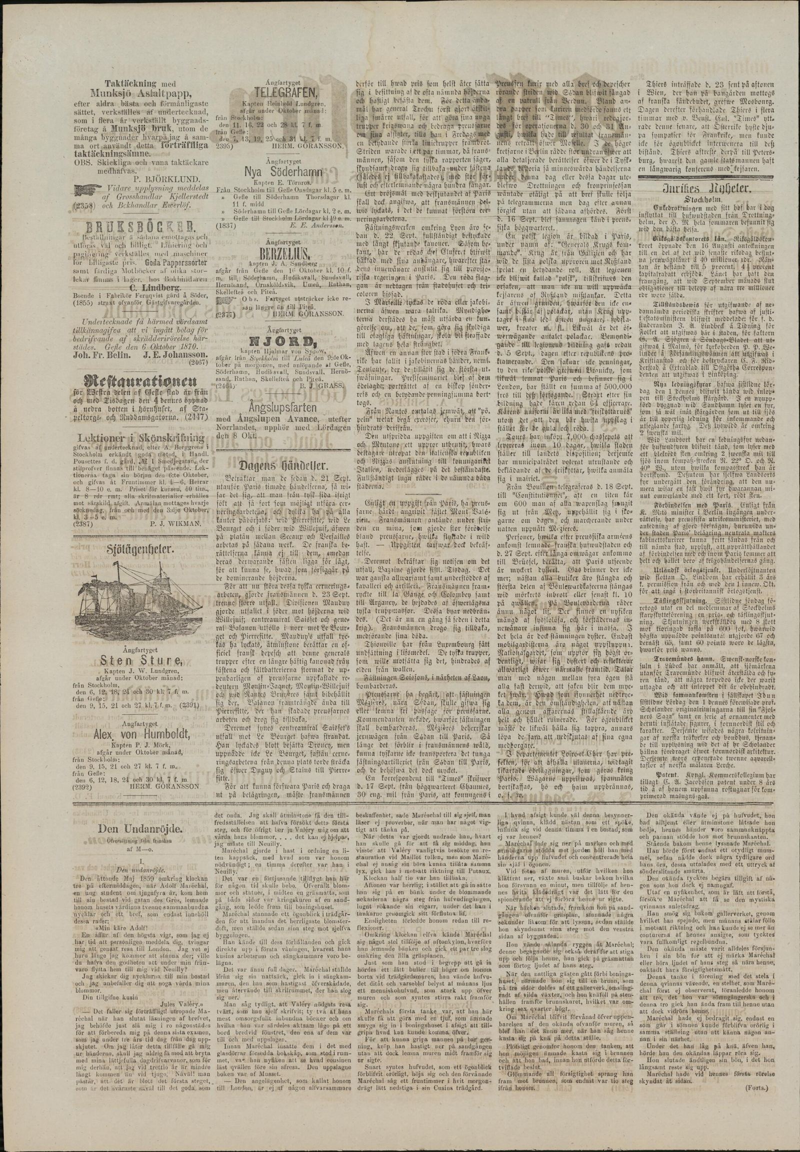 Tidningssida ur Gefleposten, 1870-10-06