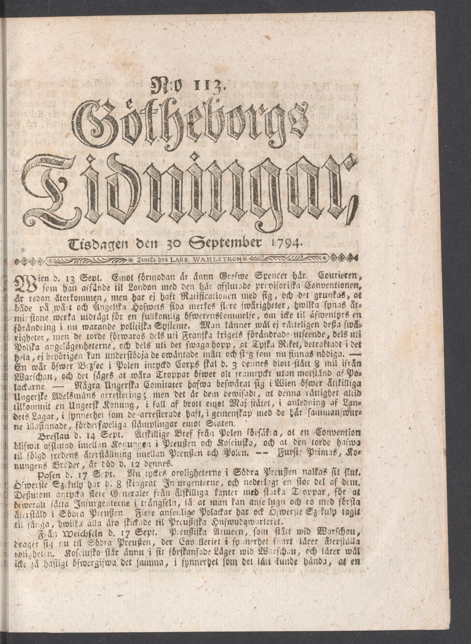 Tidningssida ur GÖTHEBORGS TIDNINGAR, 1794-09-30