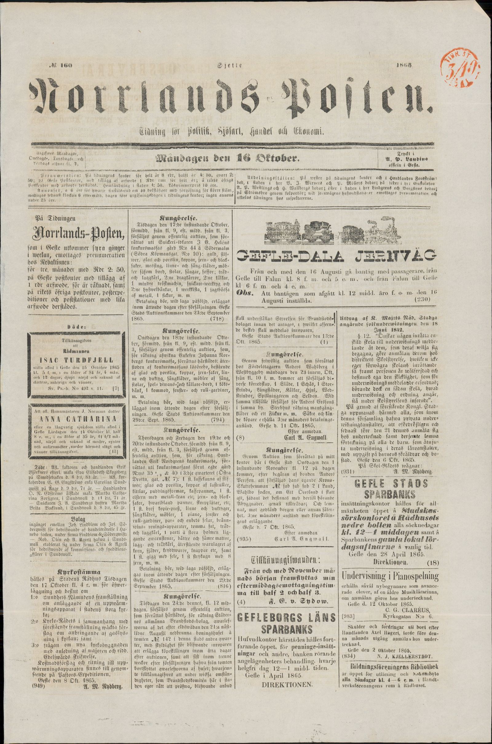 Tidningssida ur NORRLANDSPOSTEN, 1865-10-16