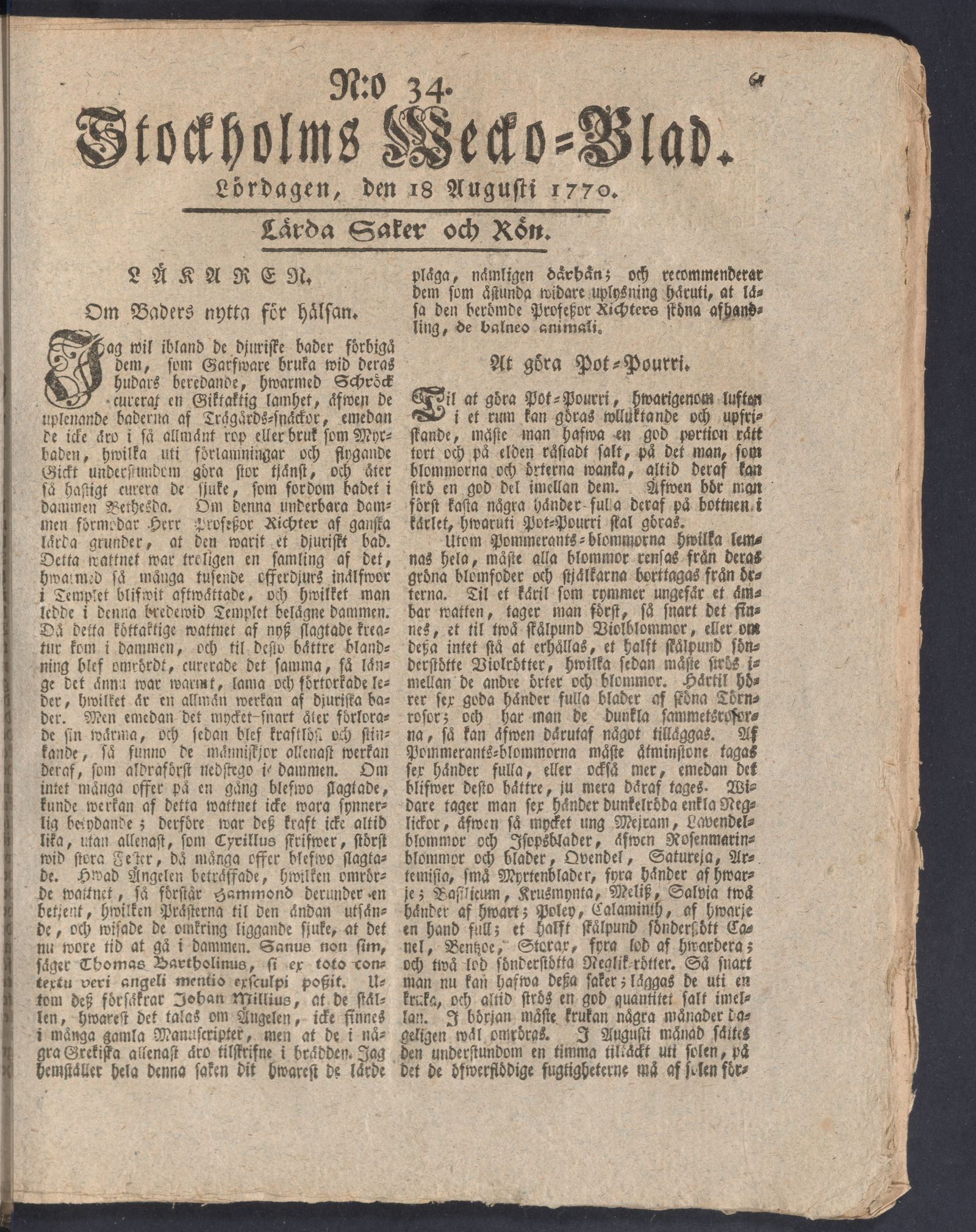 Tidningssida ur STOCKHOLMS WECKOBLAD, 1770-08-18