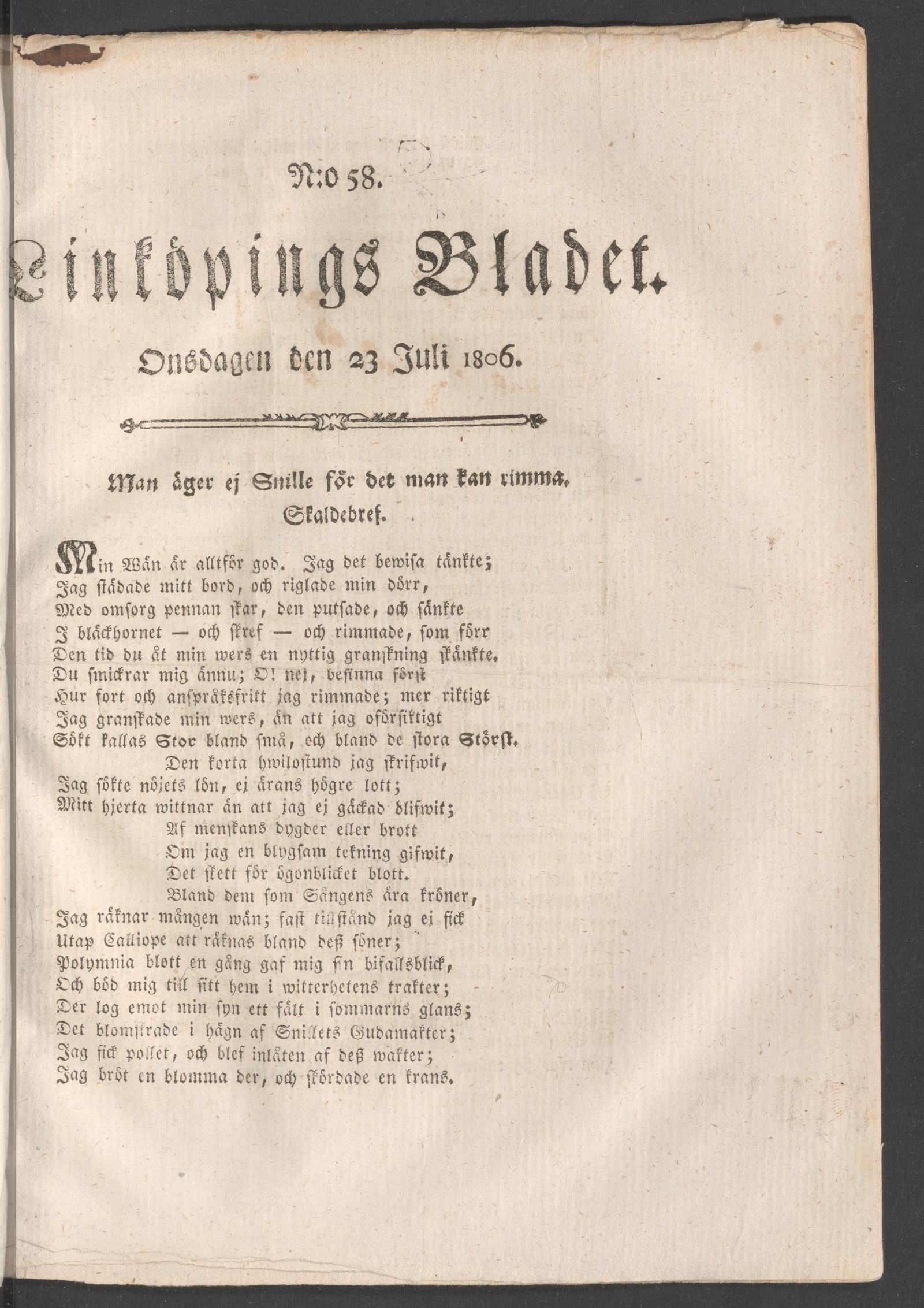 Tidningssida ur LINKÖPINGSBLADET, 1806-07-23