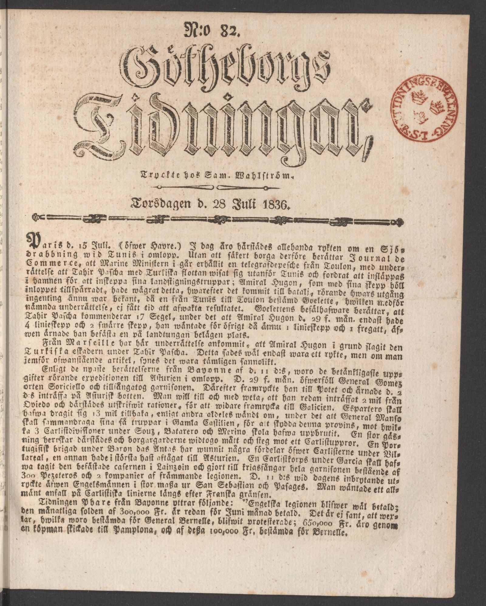 Tidningssida ur GÖTHEBORGS TIDNINGAR, 1836-07-28