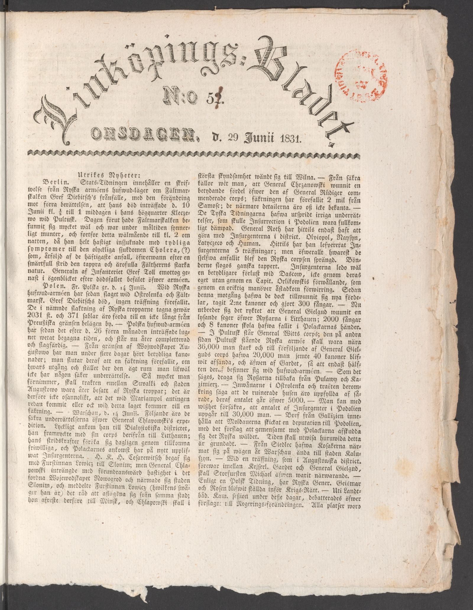 Tidningssida ur LINKÖPINGSBLADET, 1831-06-29