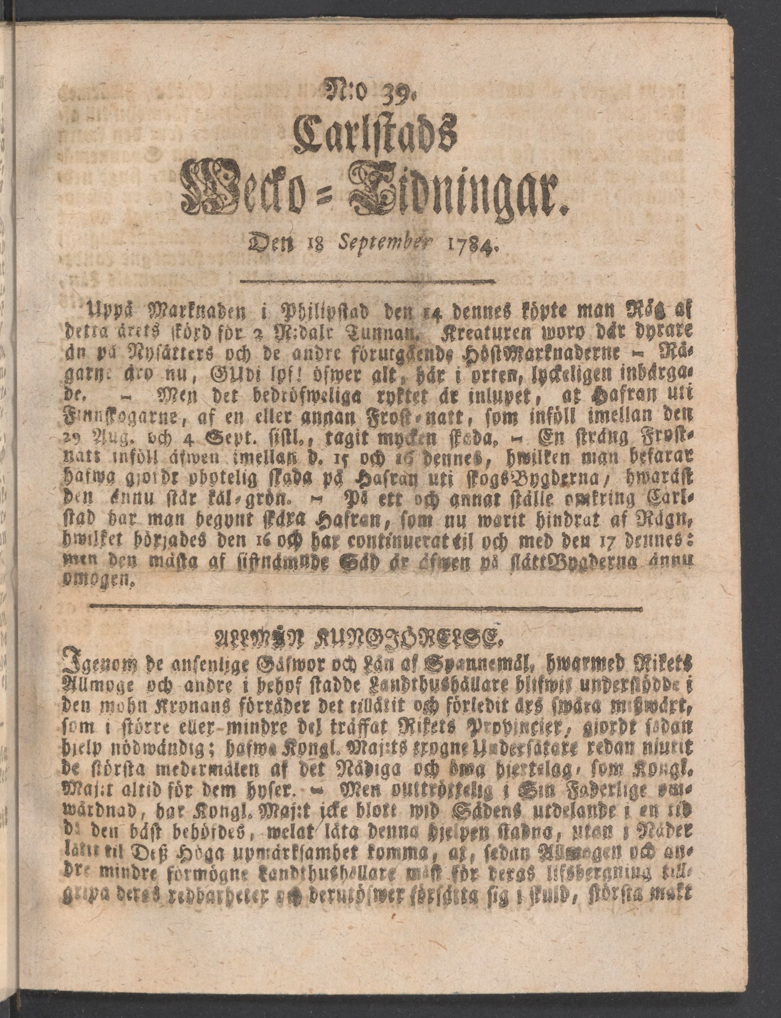 Tidningssida ur CARLSTADS WECKOTIDNINGAR, 1784-09-18