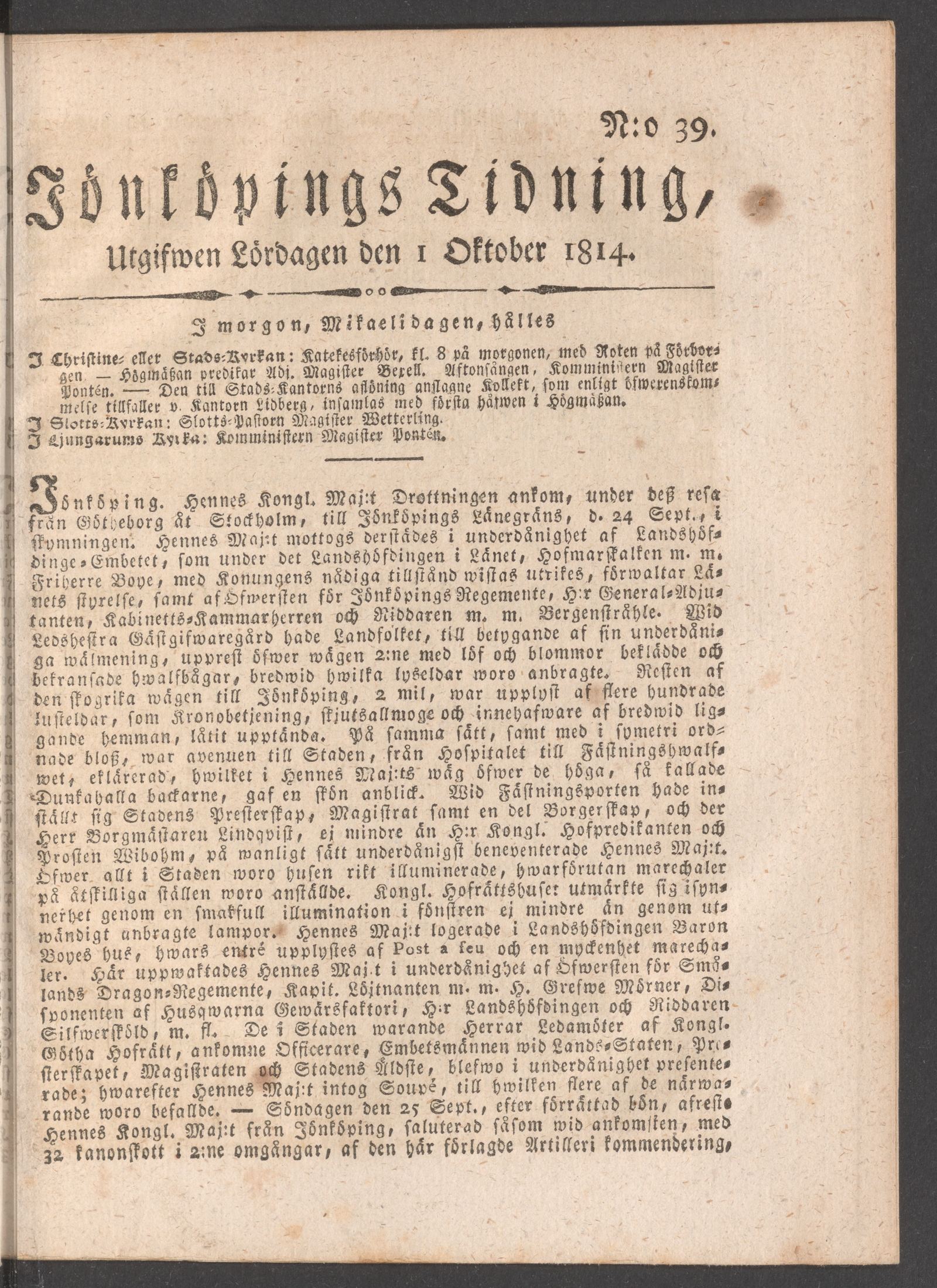 Tidningssida ur JÖNKÖPINGS TIDNING, 1814-10-01