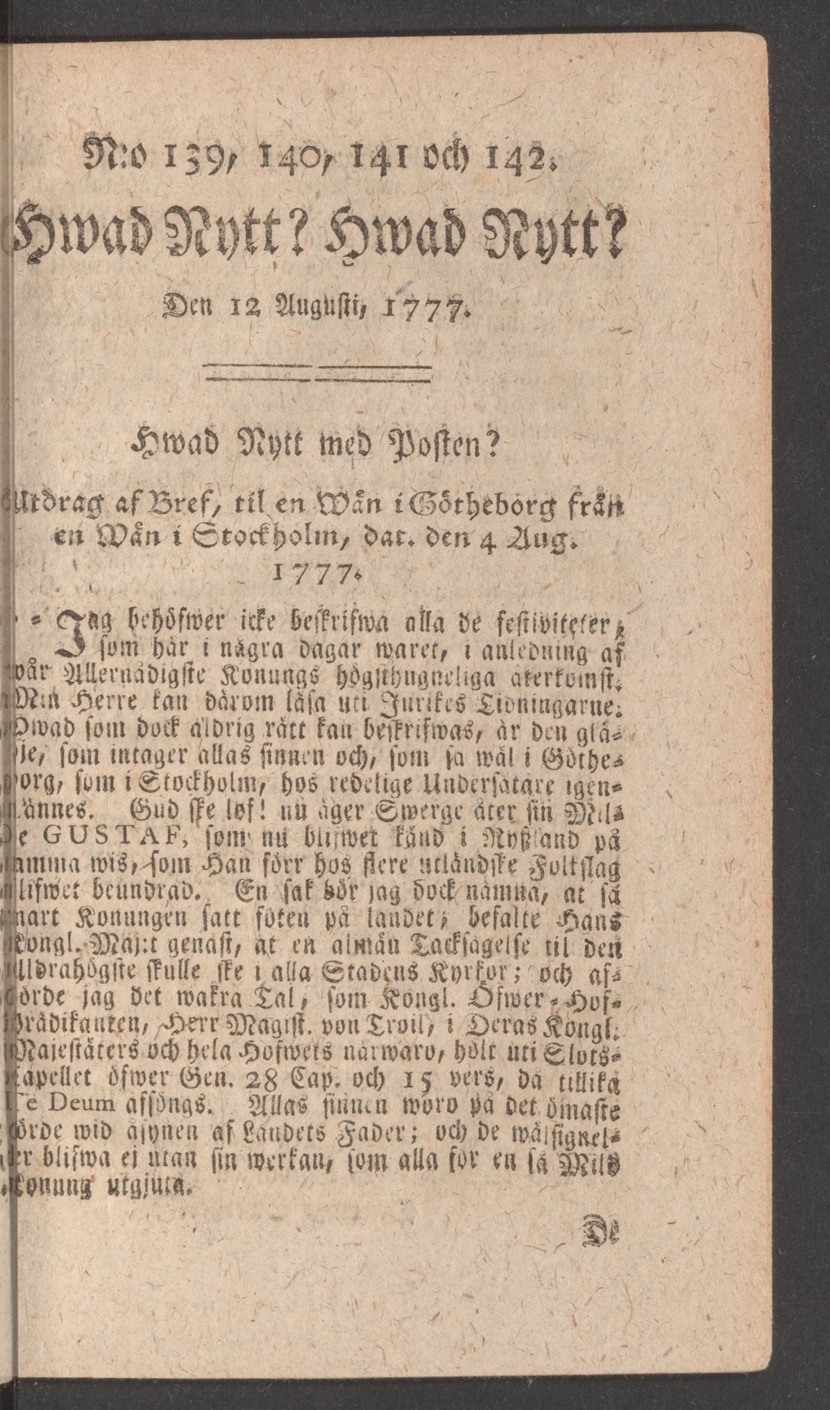 Tidningssida ur HWAD NYTT?, 1777-08-12