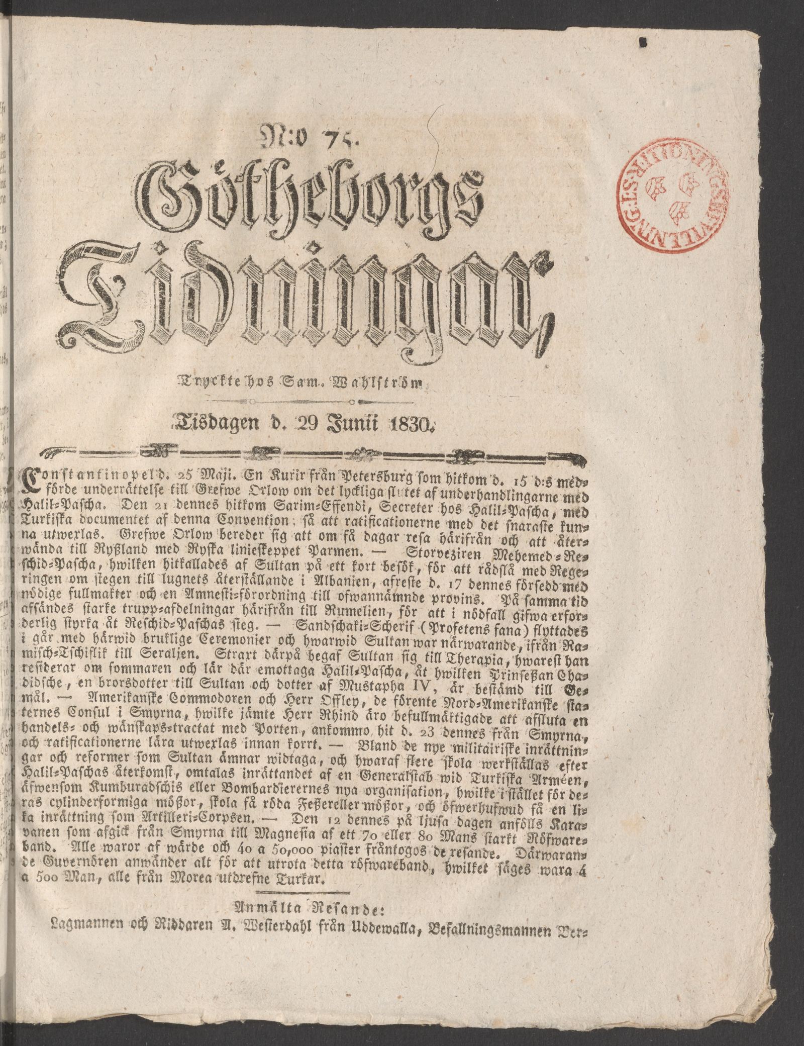 Tidningssida ur GÖTHEBORGS TIDNINGAR, 1830-06-29