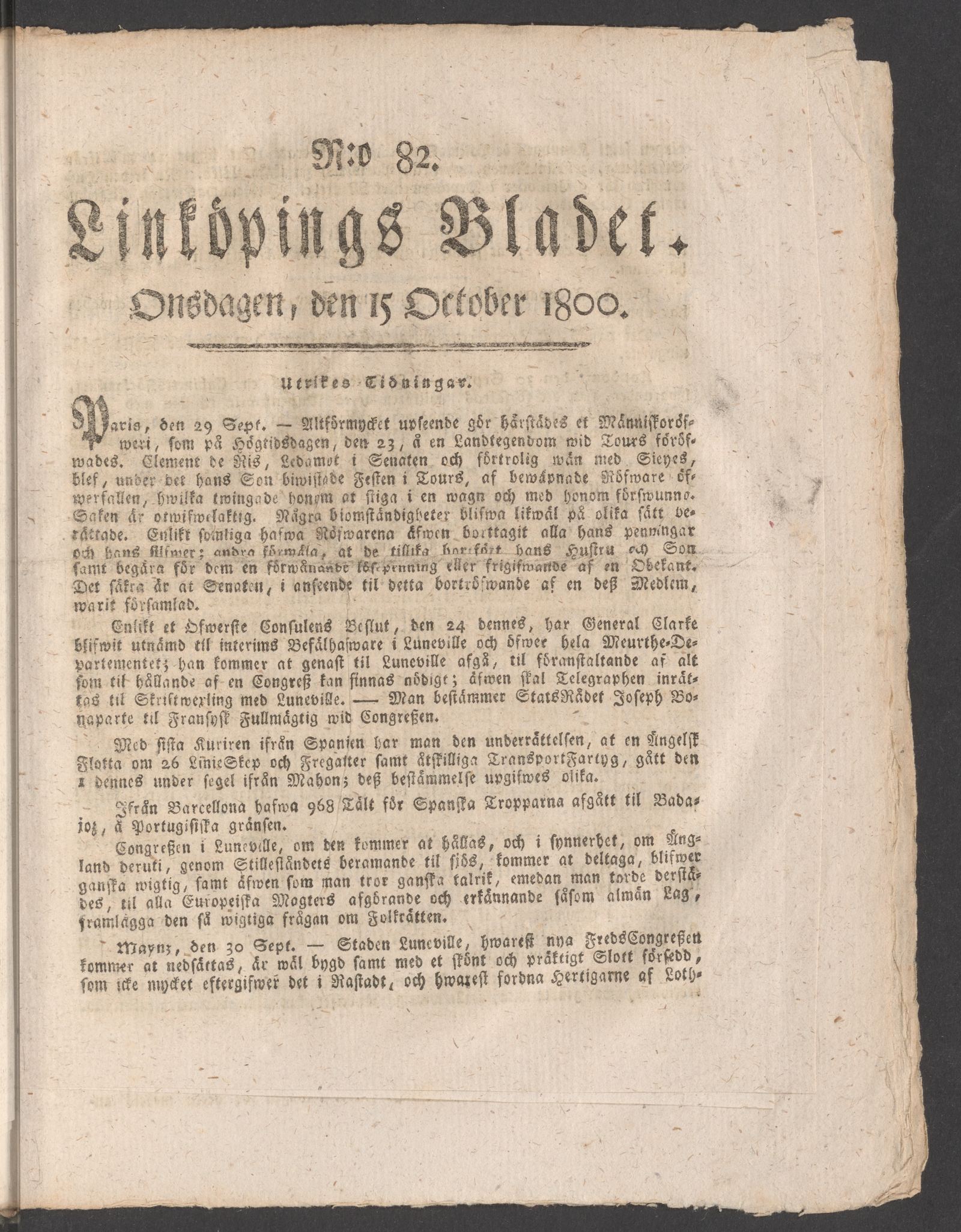 Tidningssida ur LINKÖPINGSBLADET, 1800-10-15