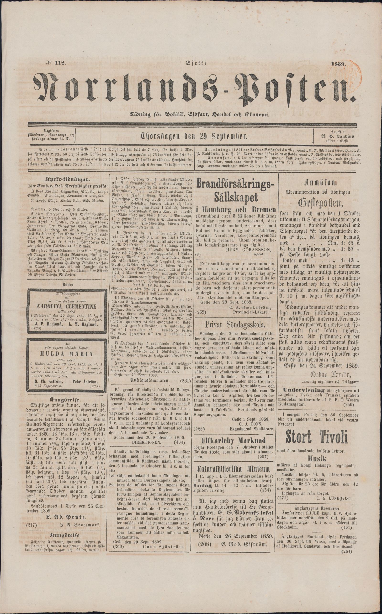 Tidningssida ur NORRLANDSPOSTEN, 1859-09-29