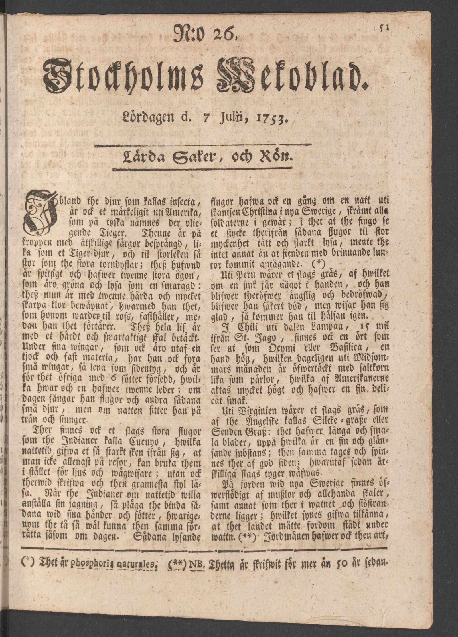 Tidningssida ur STOCKHOLMS WECKOBLAD, 1753-07-07