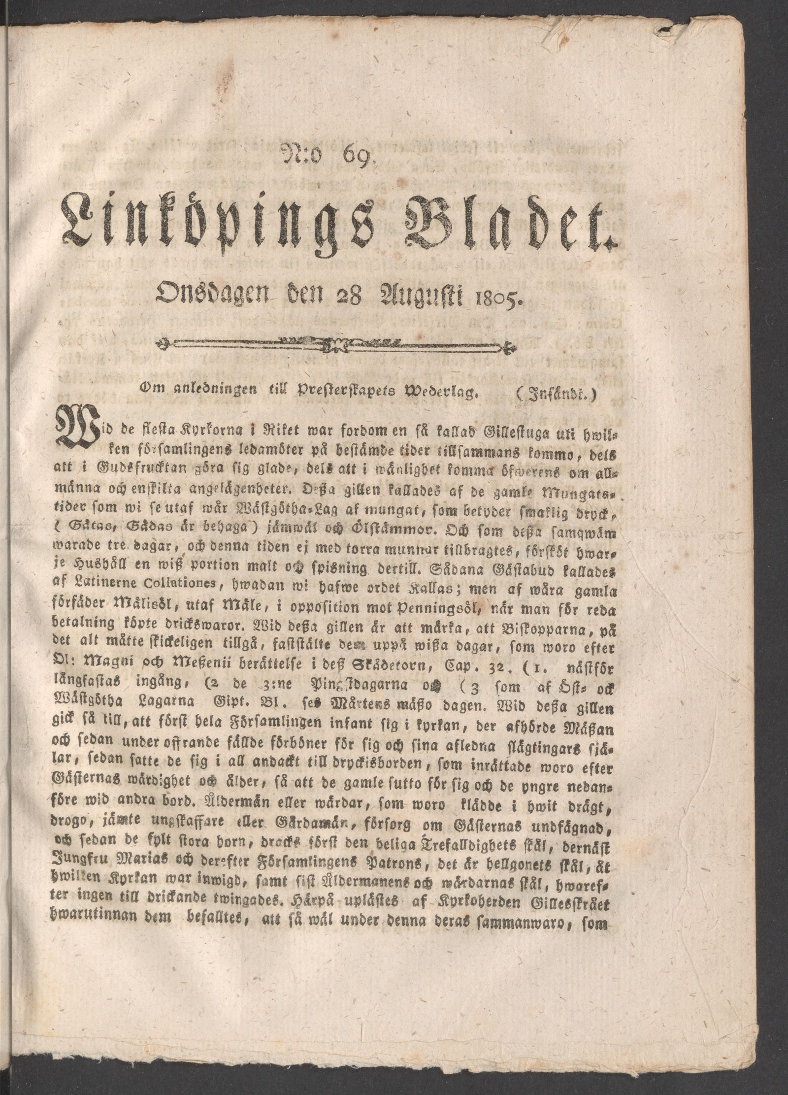 Tidningssida ur LINKÖPINGSBLADET, 1805-08-28