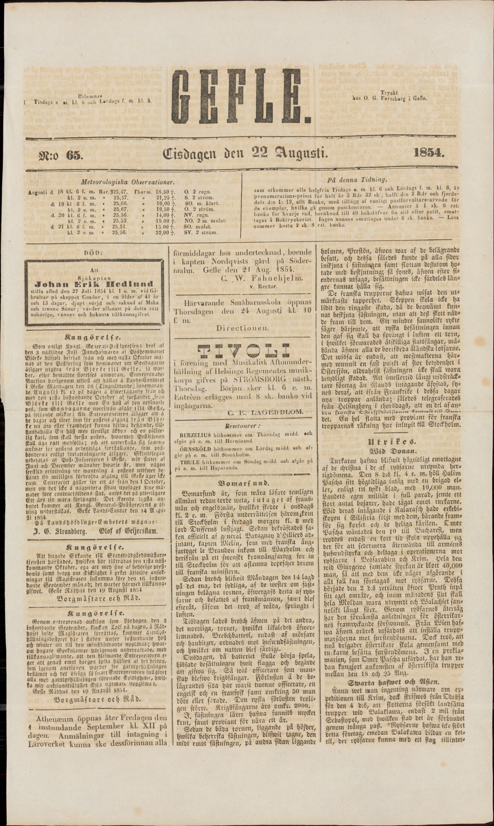 Tidningssida ur GEFLEBORGS LÄNS TIDNING, 1854-08-22