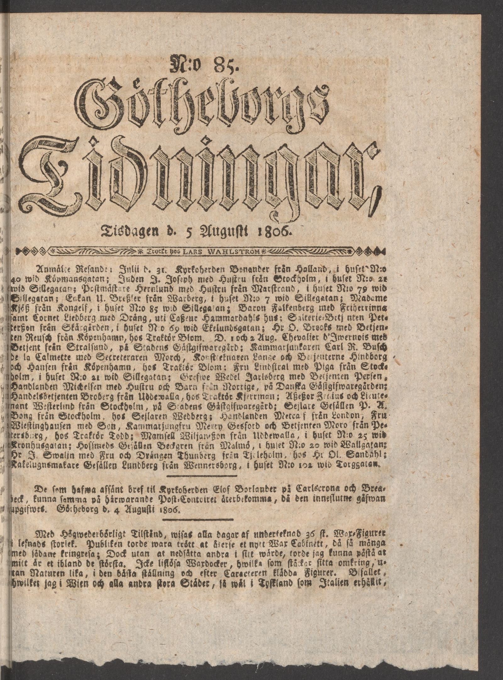 Tidningssida ur GÖTHEBORGS TIDNINGAR, 1806-08-05