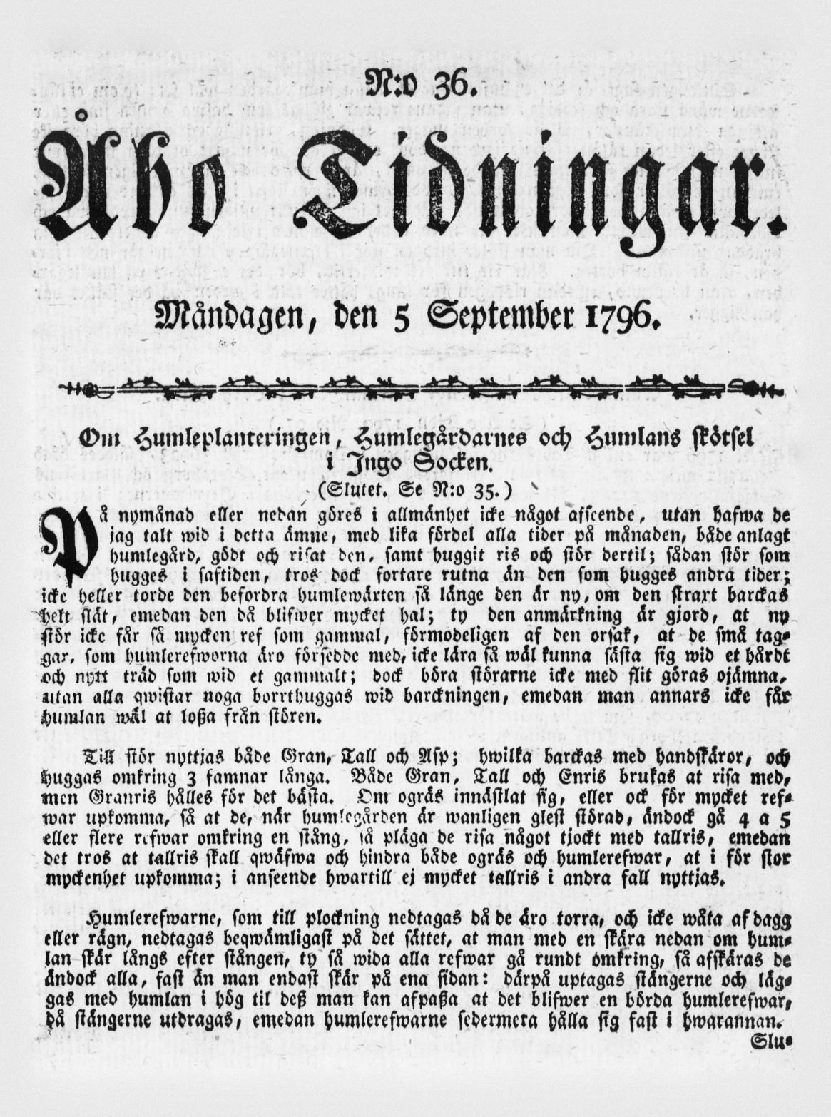 Tidningssida ur ÅBO TIDNINGAR, 1796-09-05