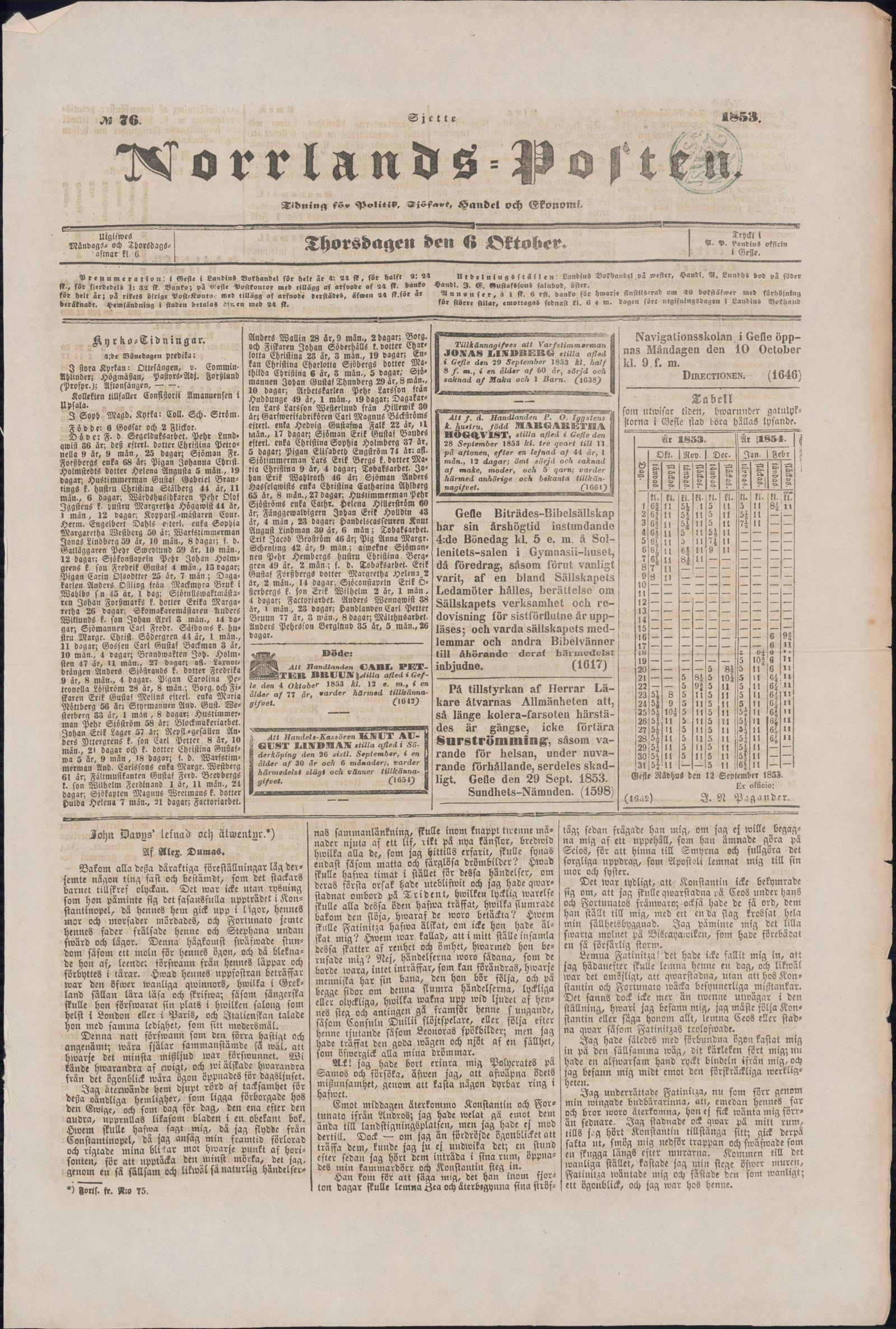 Tidningssida ur NORRLANDSPOSTEN, 1853-10-06
