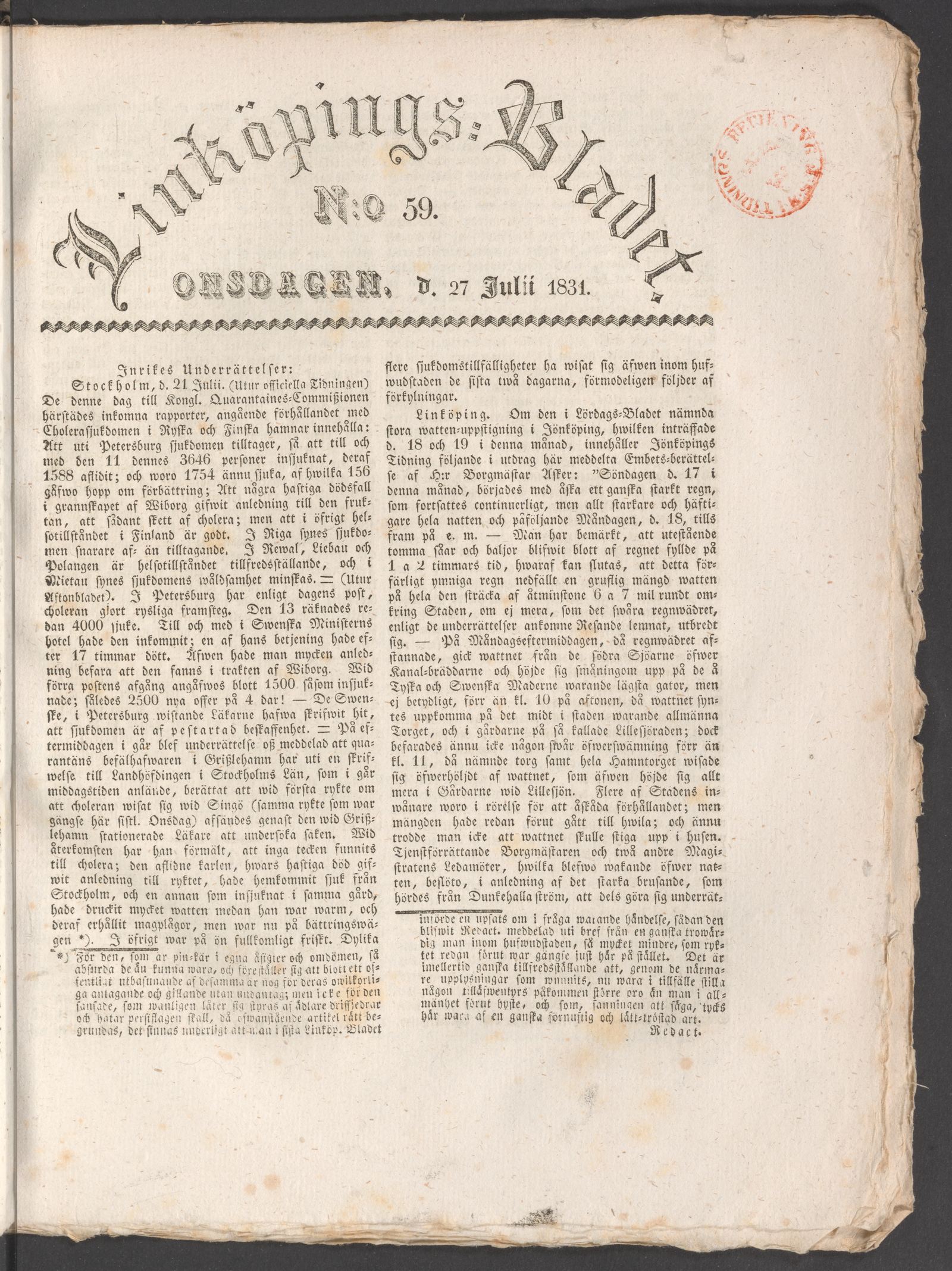 Tidningssida ur LINKÖPINGSBLADET, 1831-07-27