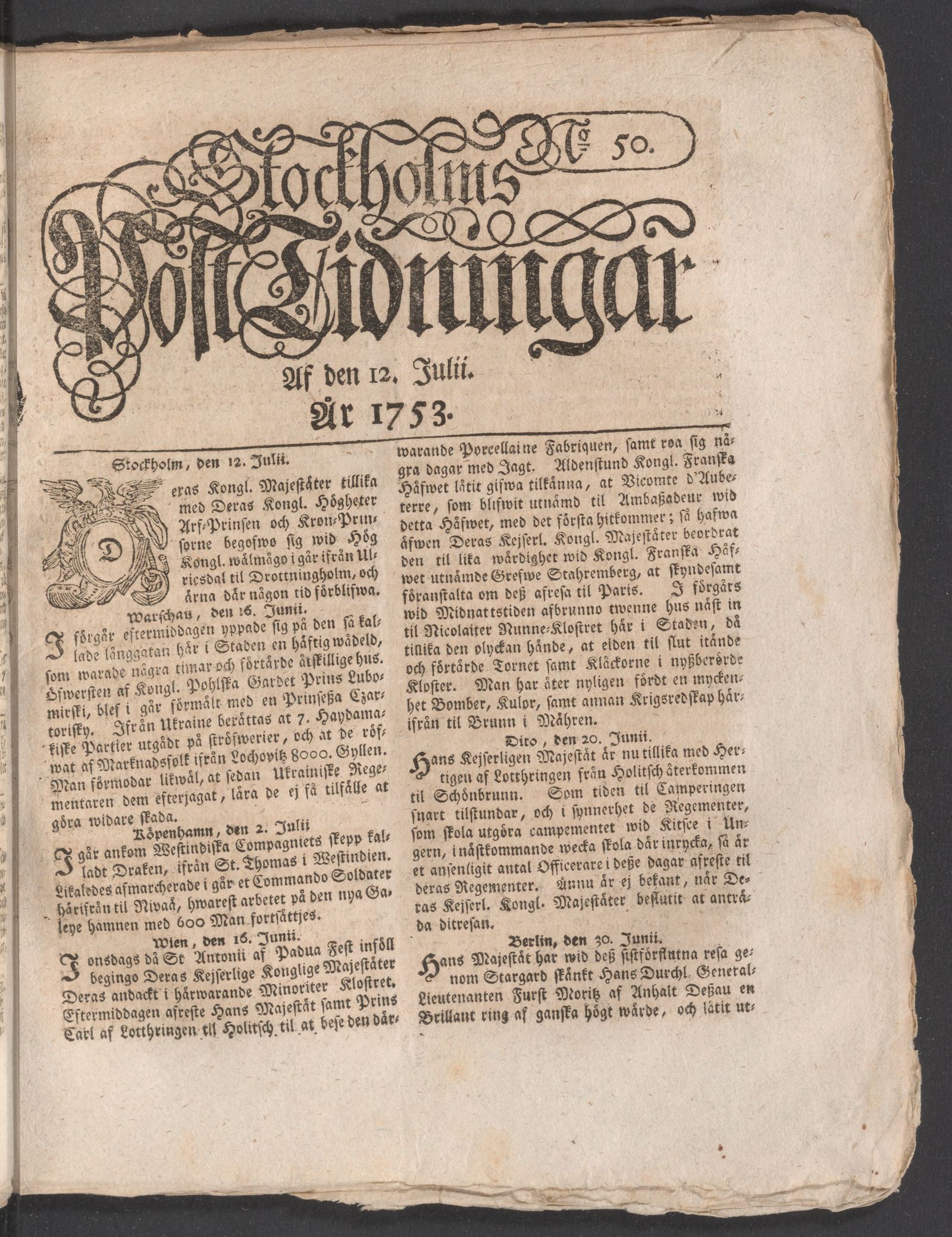 Tidningssida ur POSTTIDNINGAR, 1753-07-12