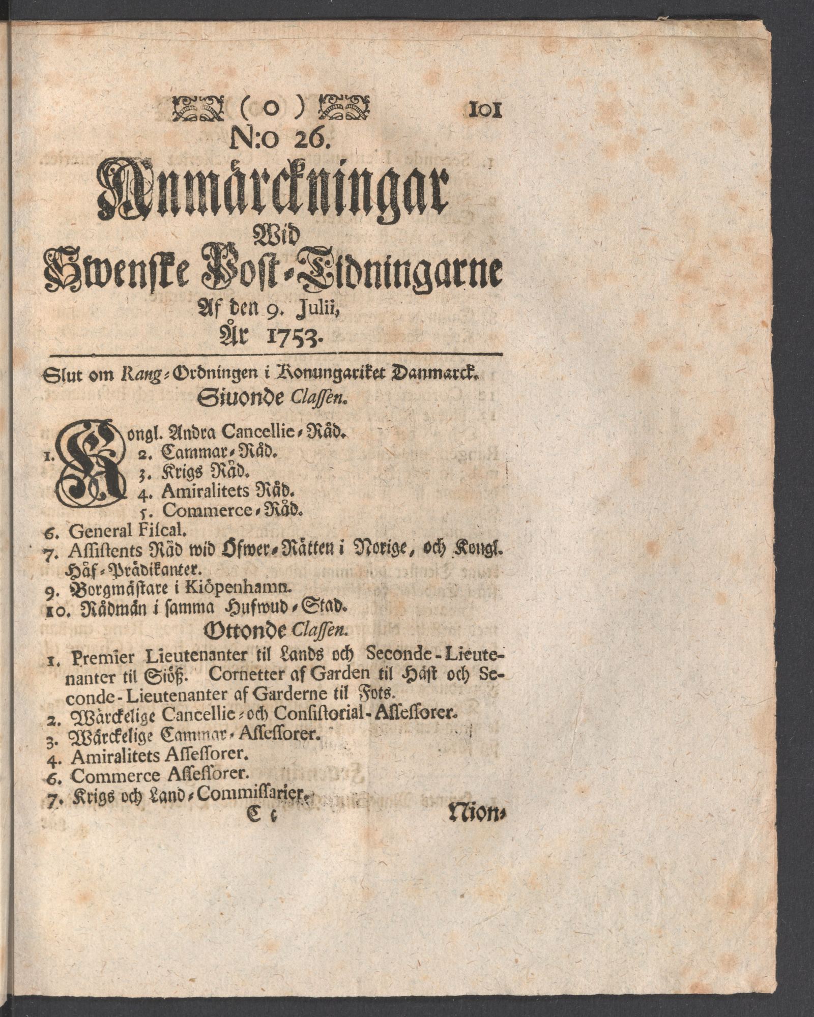 Tidningssida ur ANMÄRCKNINGAR WID SWENSKE POSTTIDNINGARNE, 1753-07-09