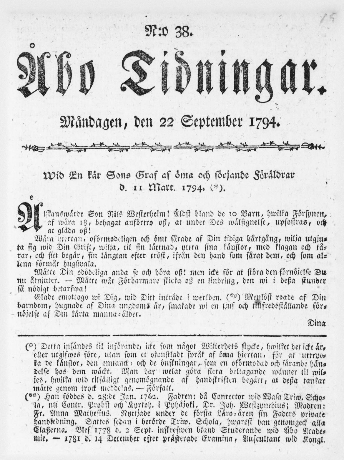 Tidningssida ur ÅBO TIDNINGAR, 1794-09-22