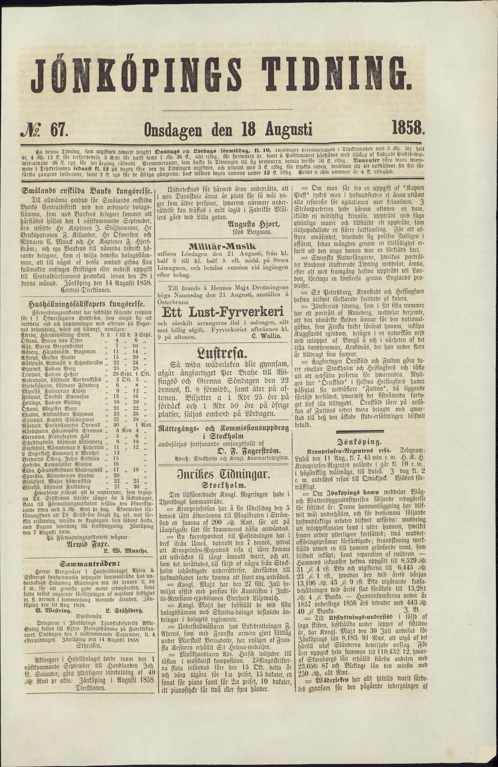 Tidningssida ur JÖNKÖPINGS TIDNING, 1858-08-18