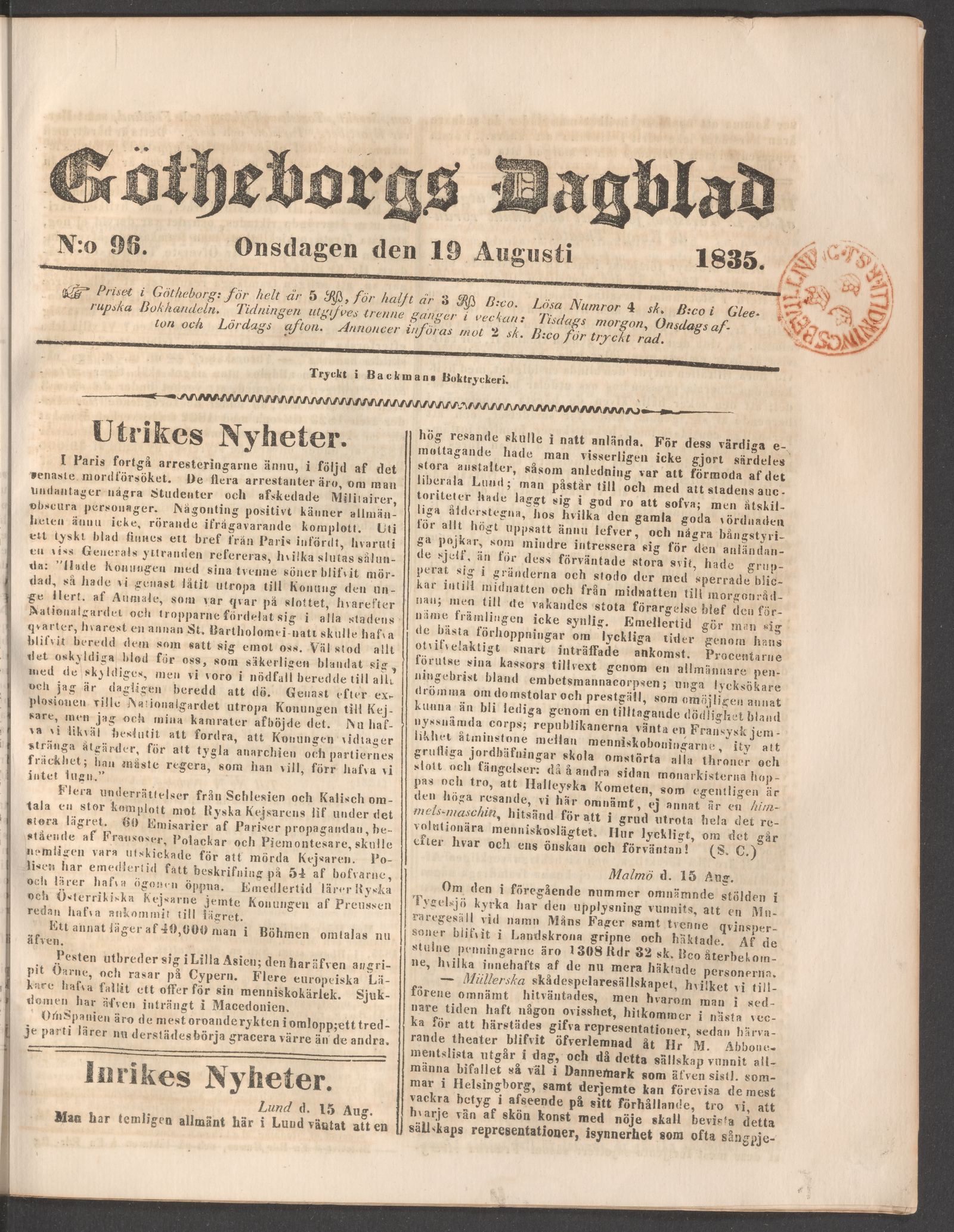 Tidningssida ur GÖTHEBORGS DAGBLAD, 1835-08-19