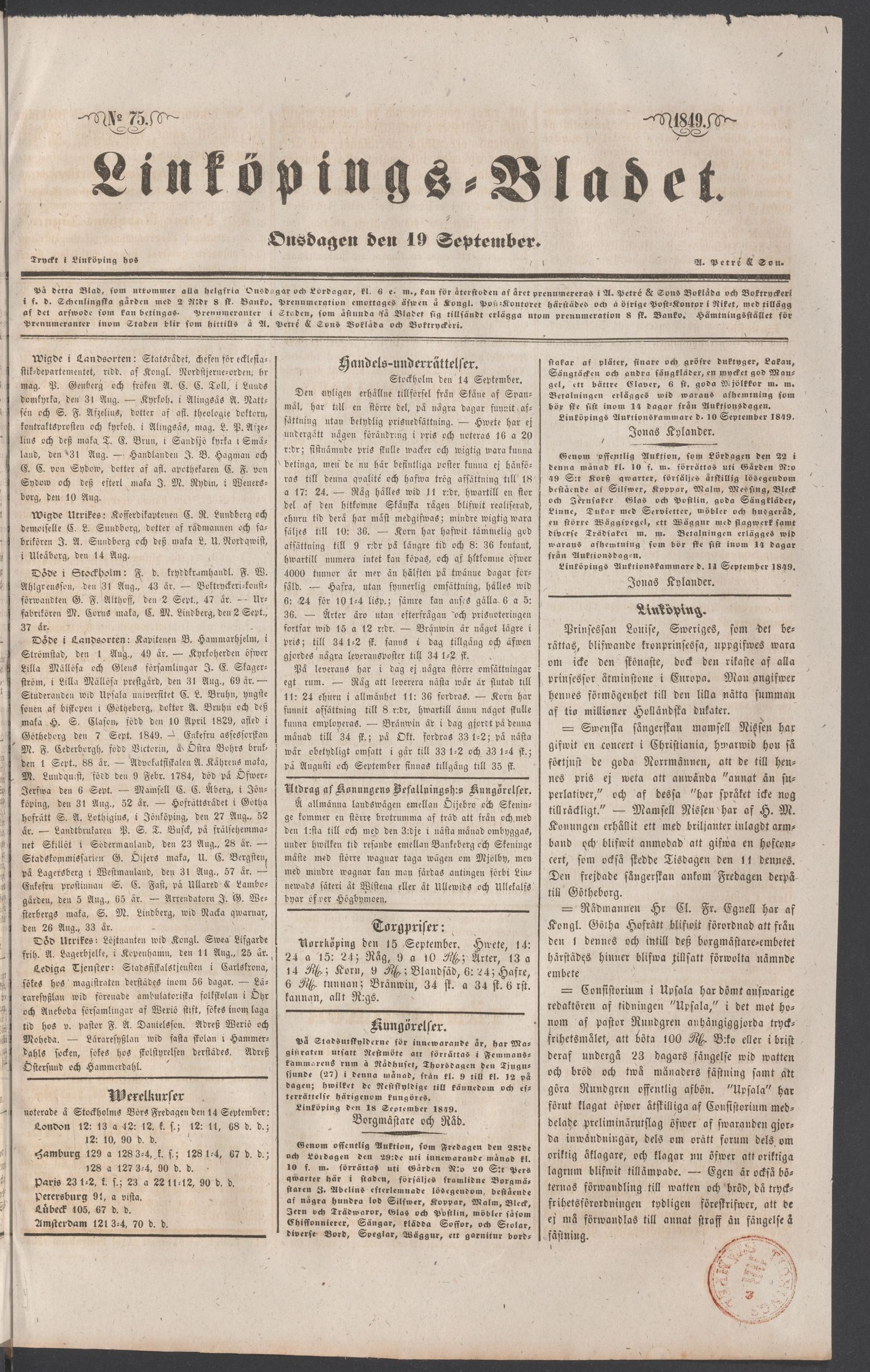 Tidningssida ur LINKÖPINGSBLADET, 1849-09-19