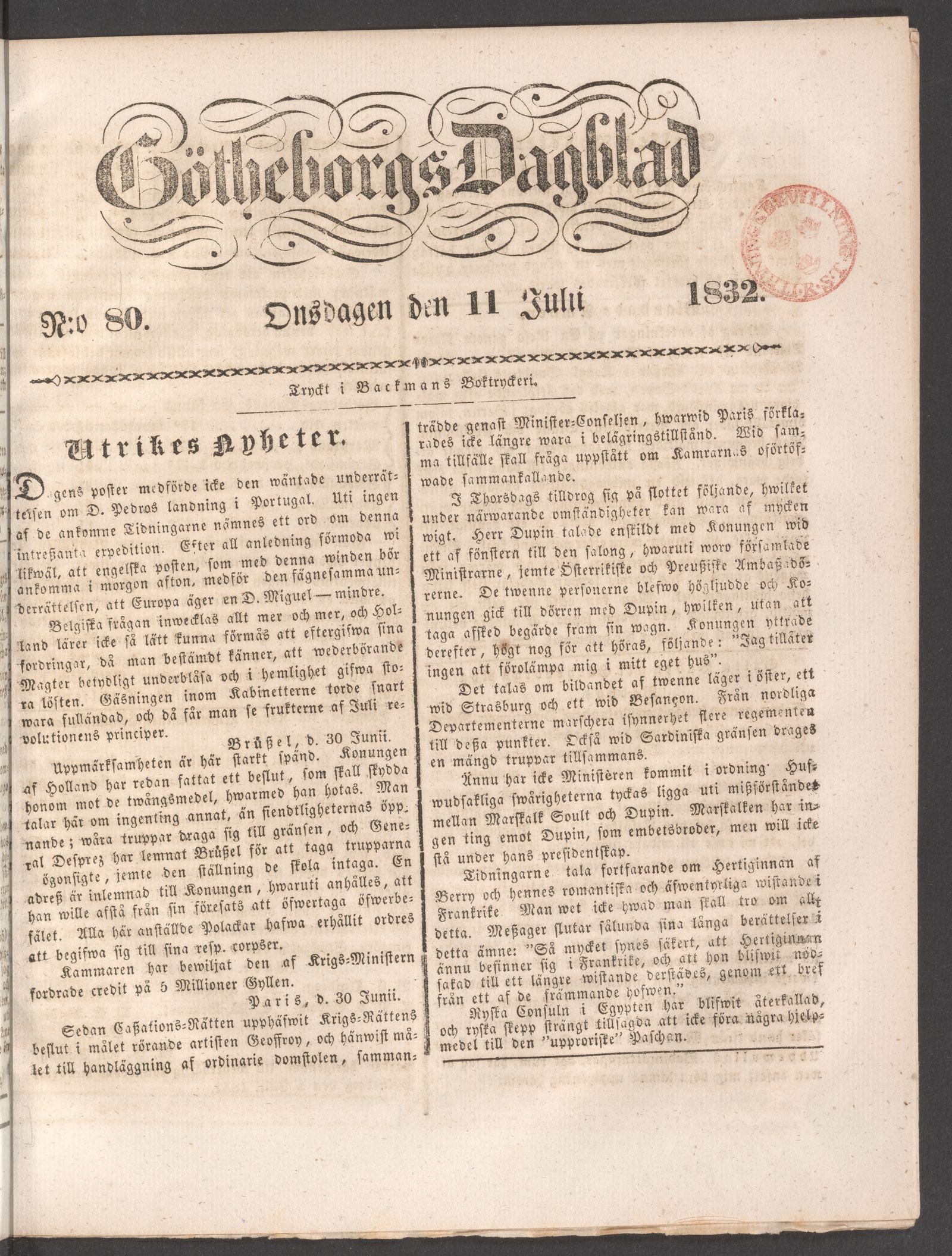 Tidningssida ur GÖTHEBORGS DAGBLAD, 1832-07-11