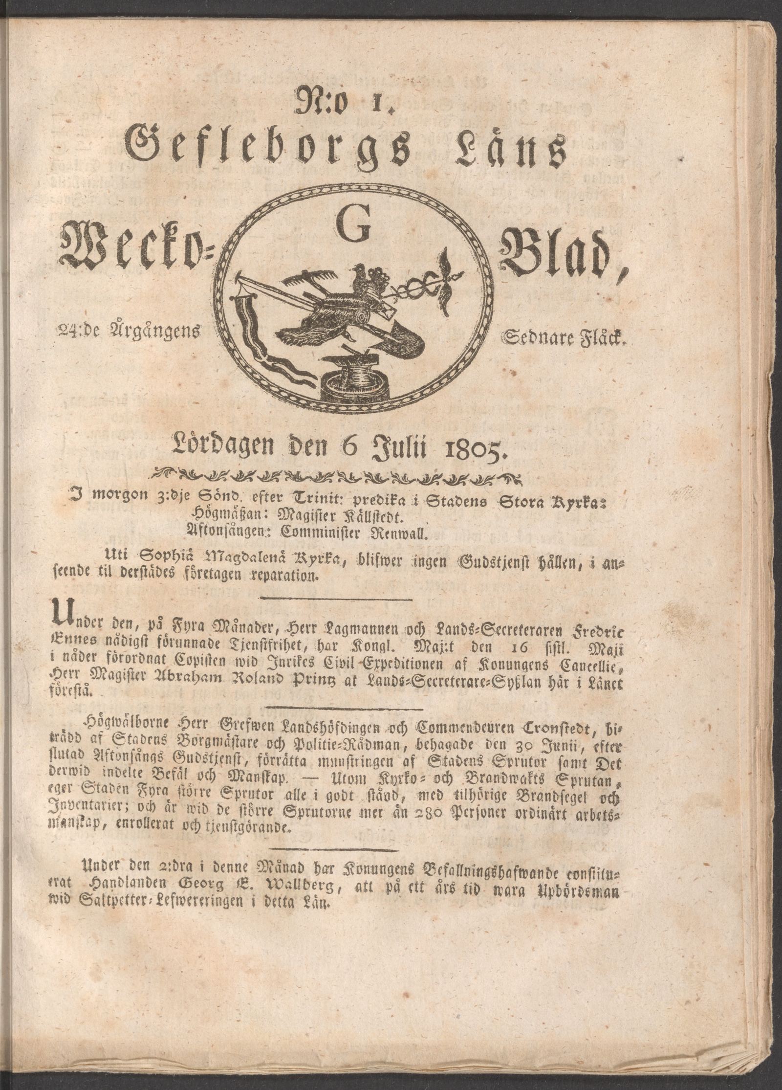 Tidningssida ur WECKOBLAD FÖR GEFLEBORGS LÄN, 1805-07-06