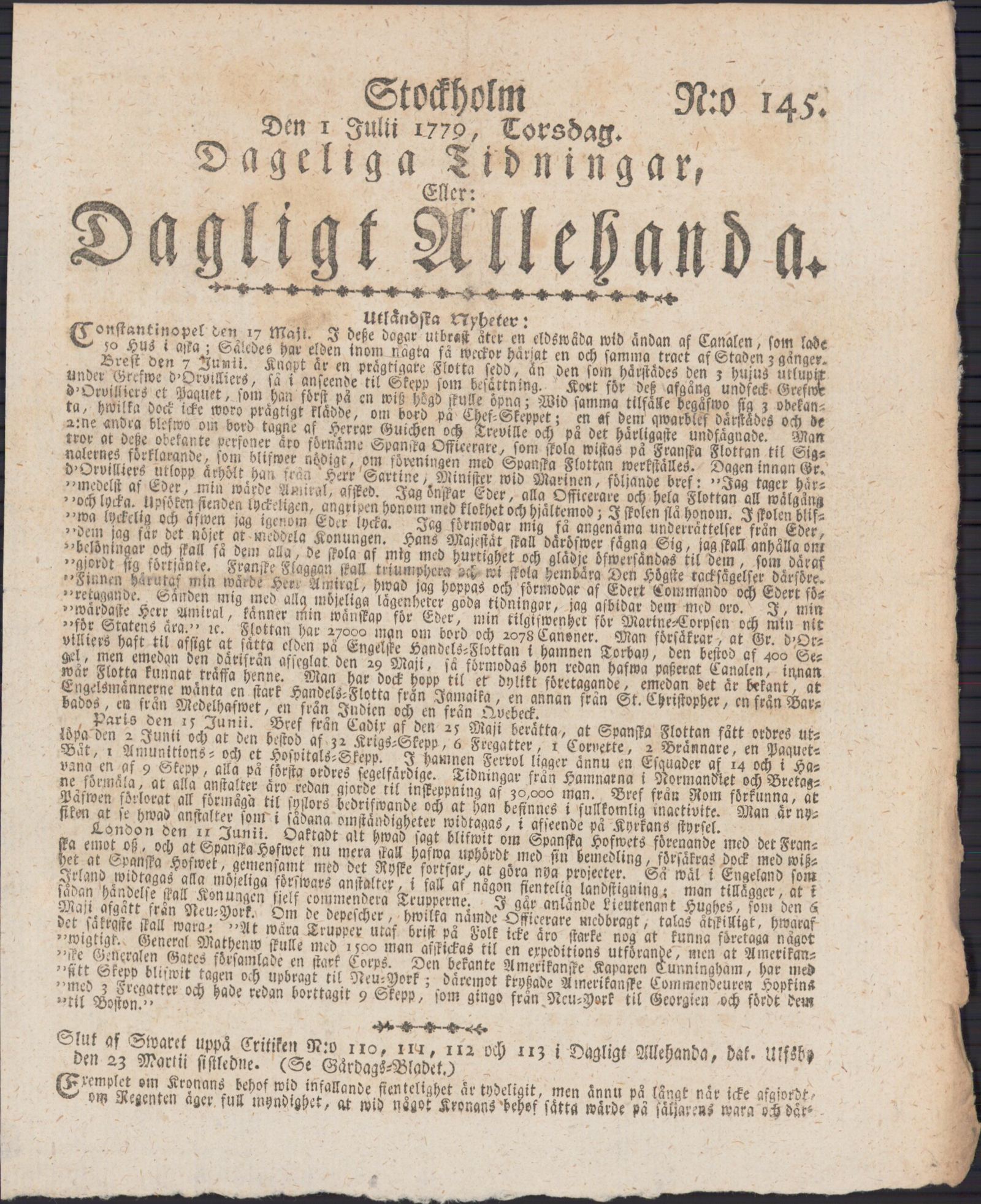 Tidningssida ur DAGLIGT ALLEHANDA, 1779-07-01