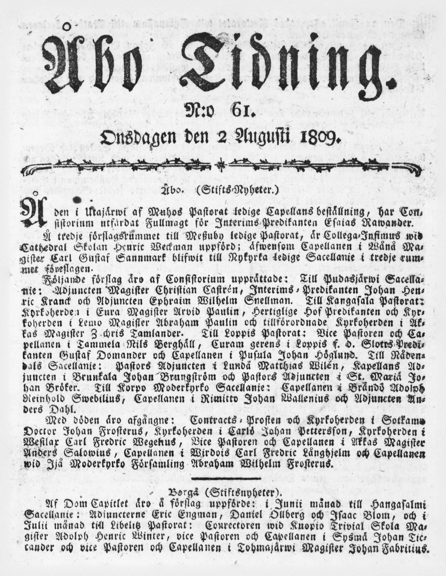 Tidningssida ur ÅBO TIDNING, 1809-08-02