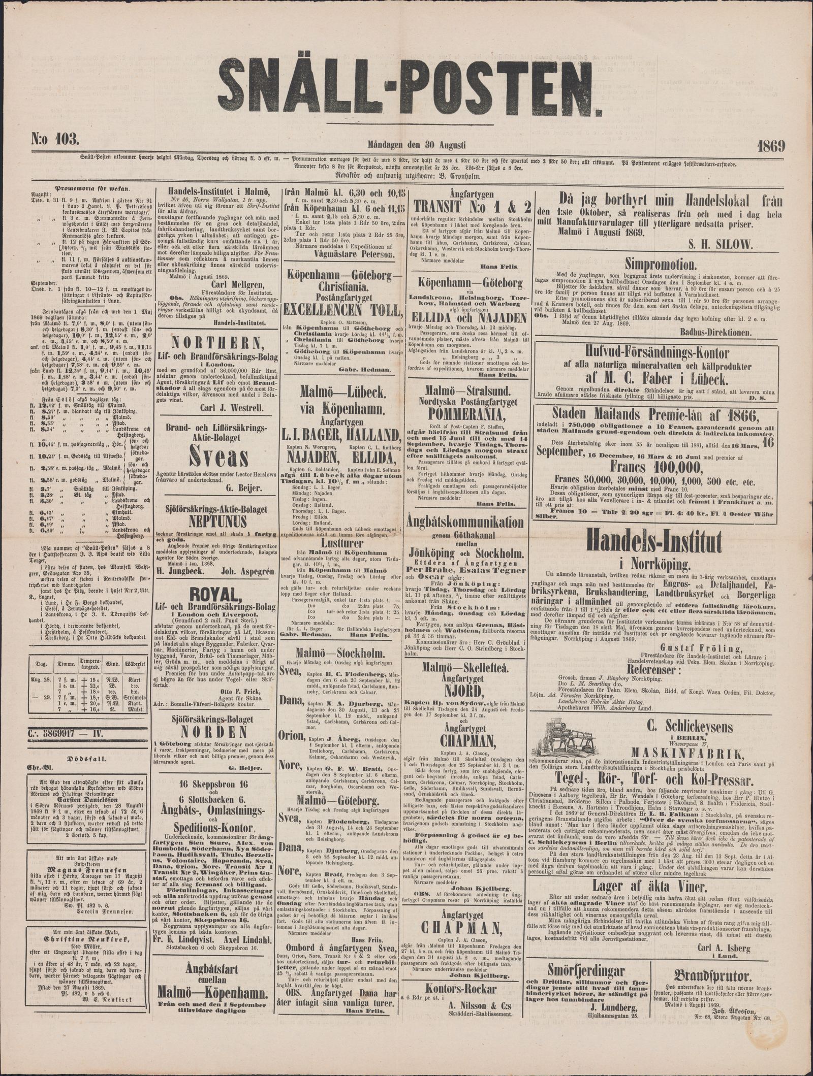 Tidningssida ur SNÄLLPOSTEN, 1869-08-30