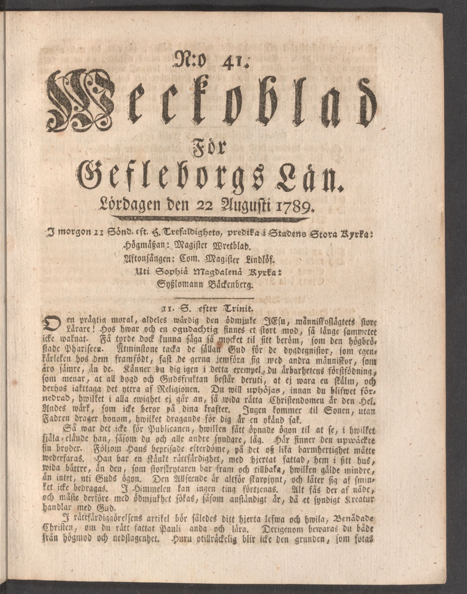 Tidningssida ur WECKOBLAD FÖR GEFLEBORGS LÄN, 1789-08-22