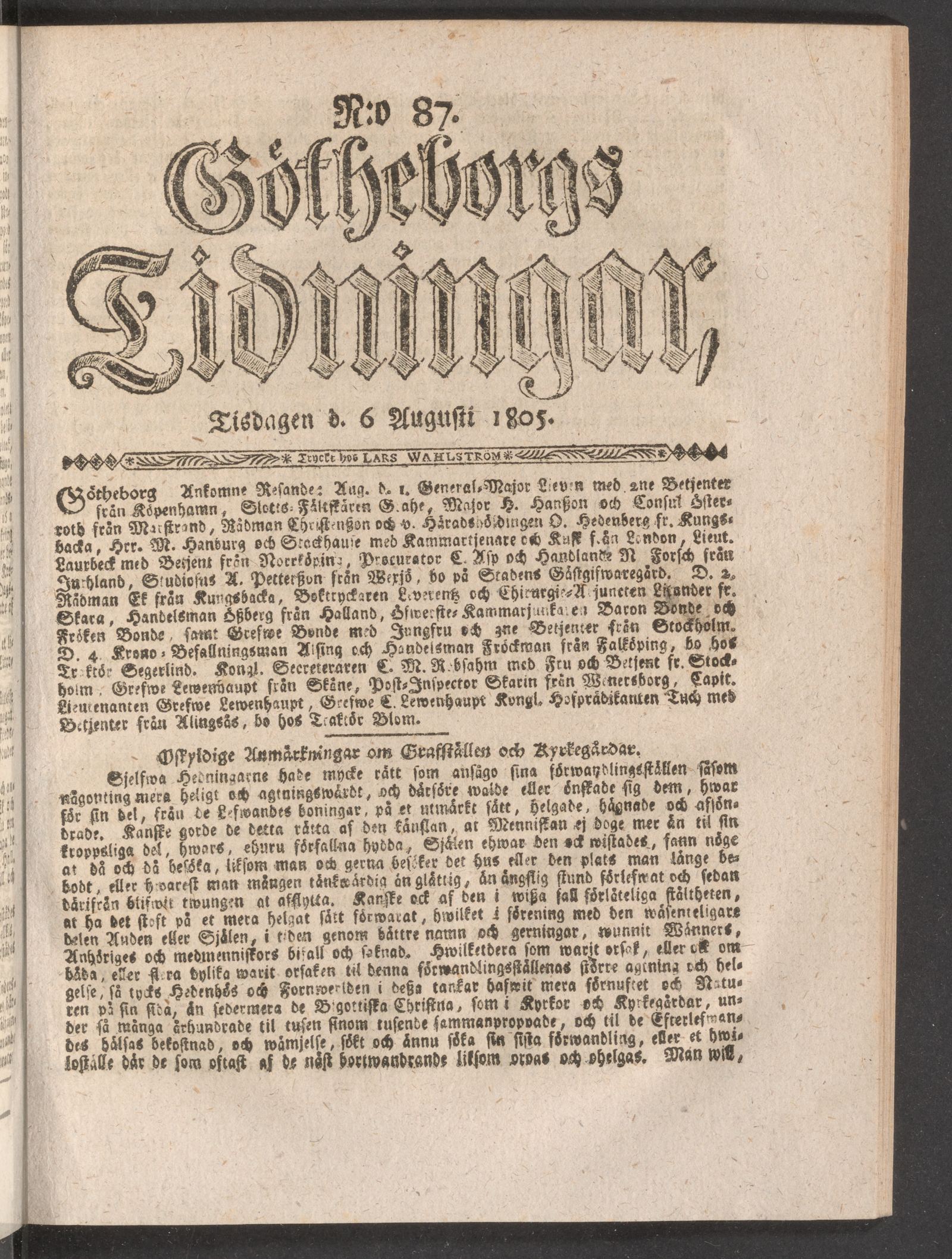 Tidningssida ur GÖTHEBORGS TIDNINGAR, 1805-08-06
