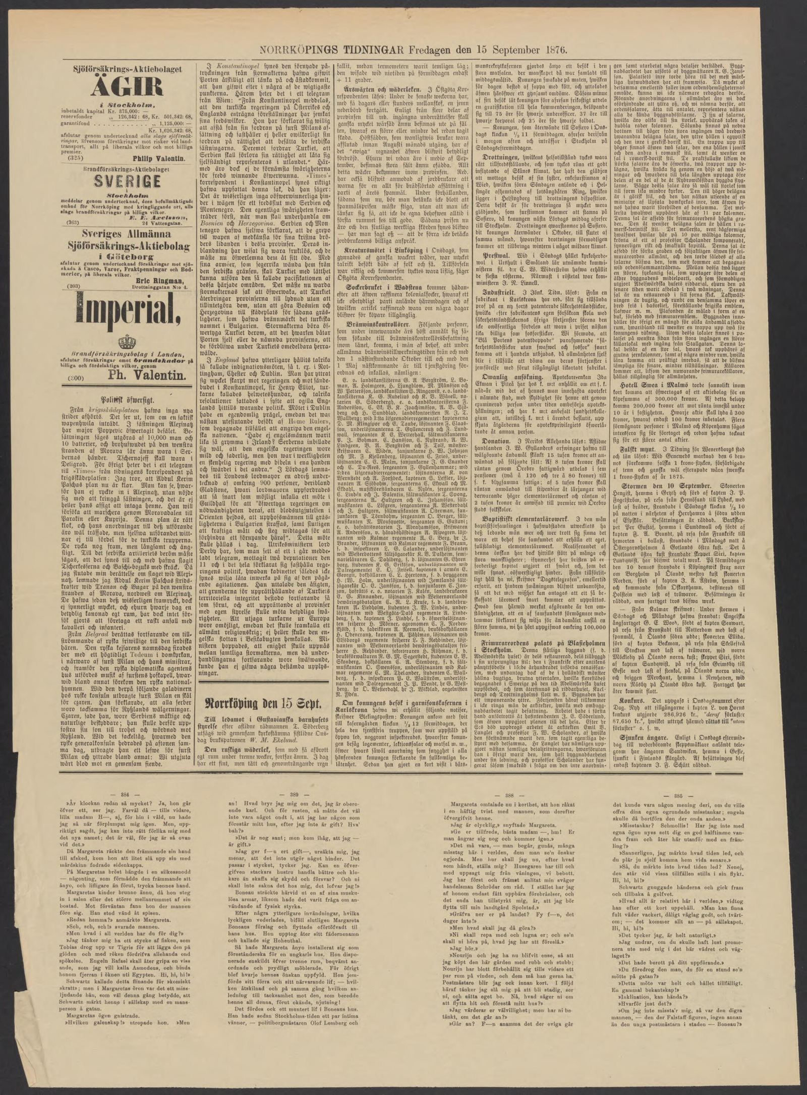 Tidningssida ur Norrköpings Tidningar, 1876-09-15