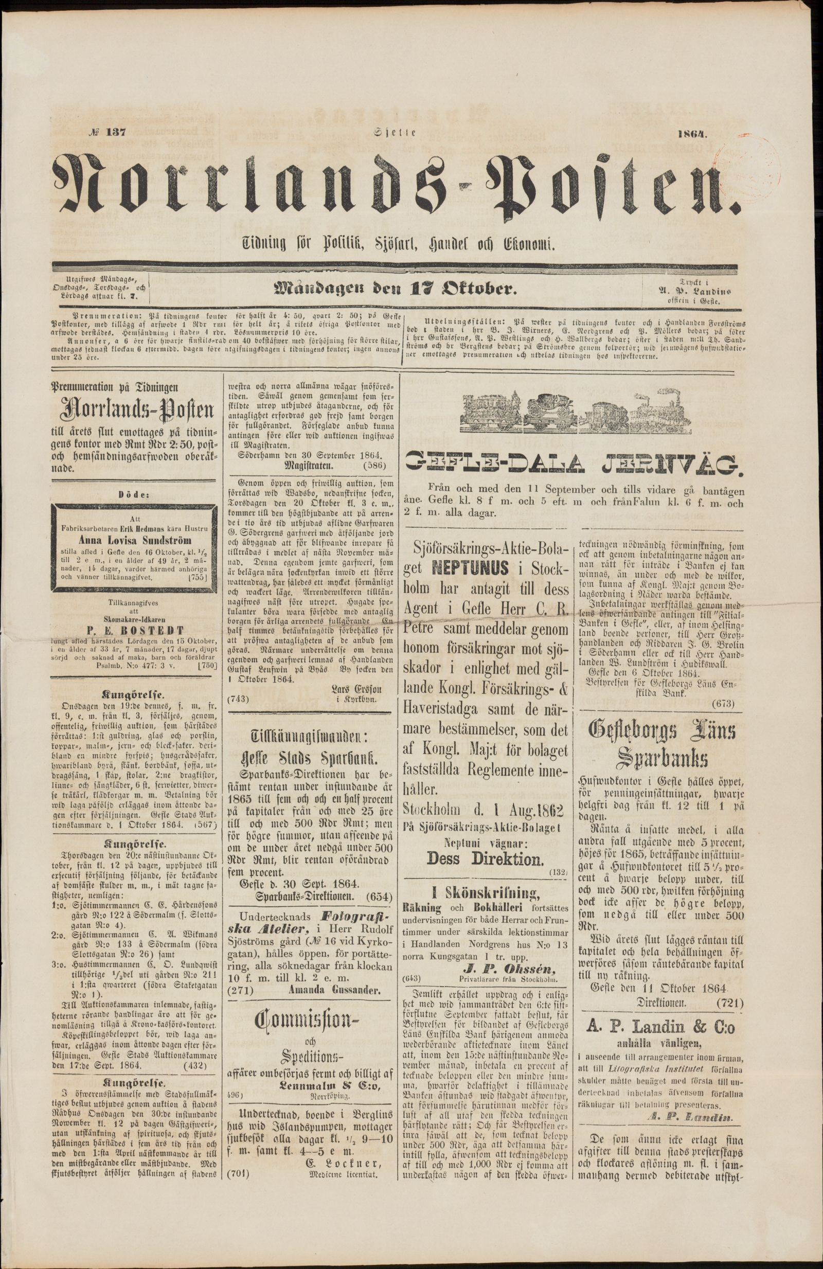 Tidningssida ur NORRLANDSPOSTEN, 1864-10-17