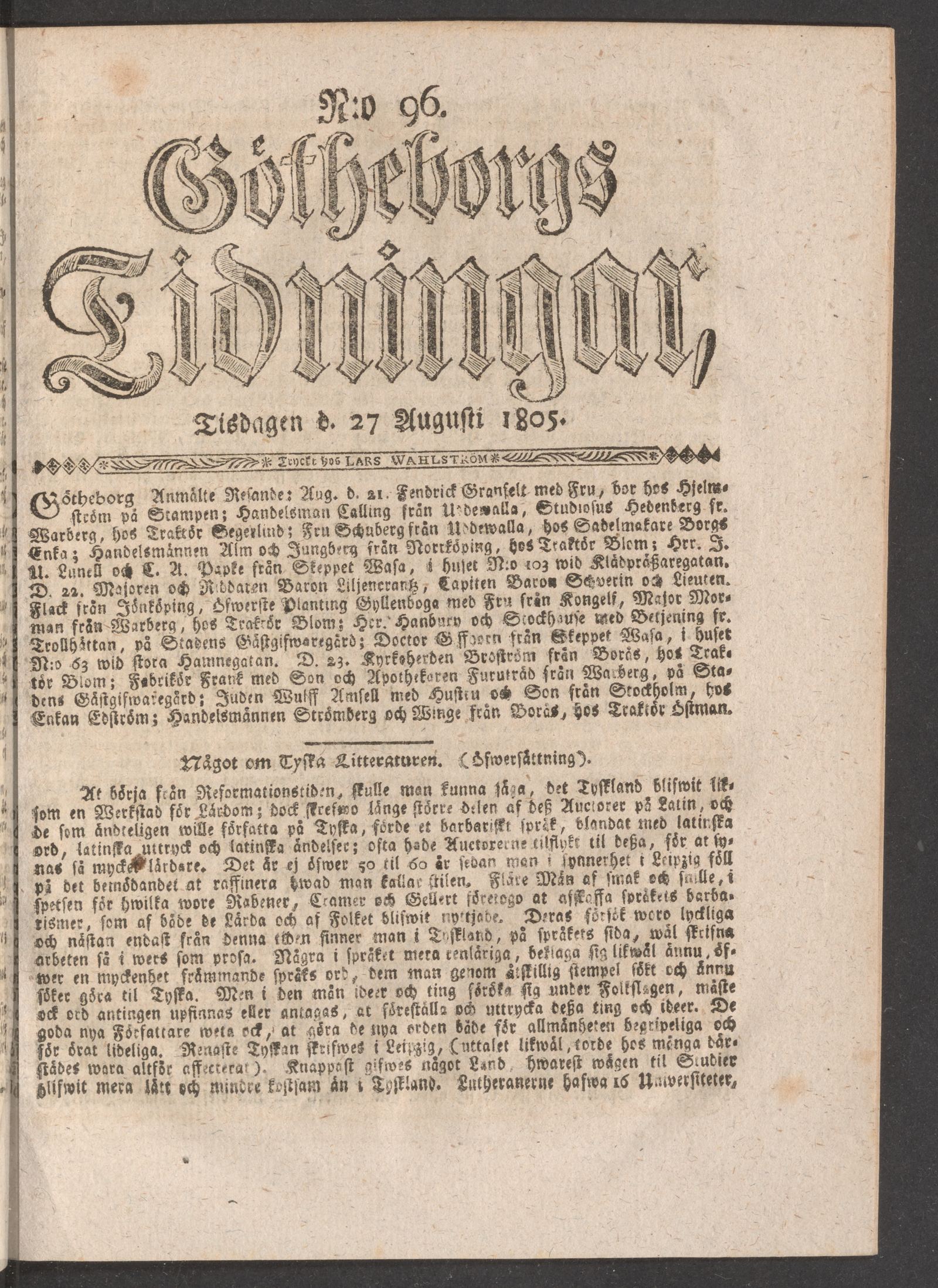Tidningssida ur GÖTHEBORGS TIDNINGAR, 1805-08-27