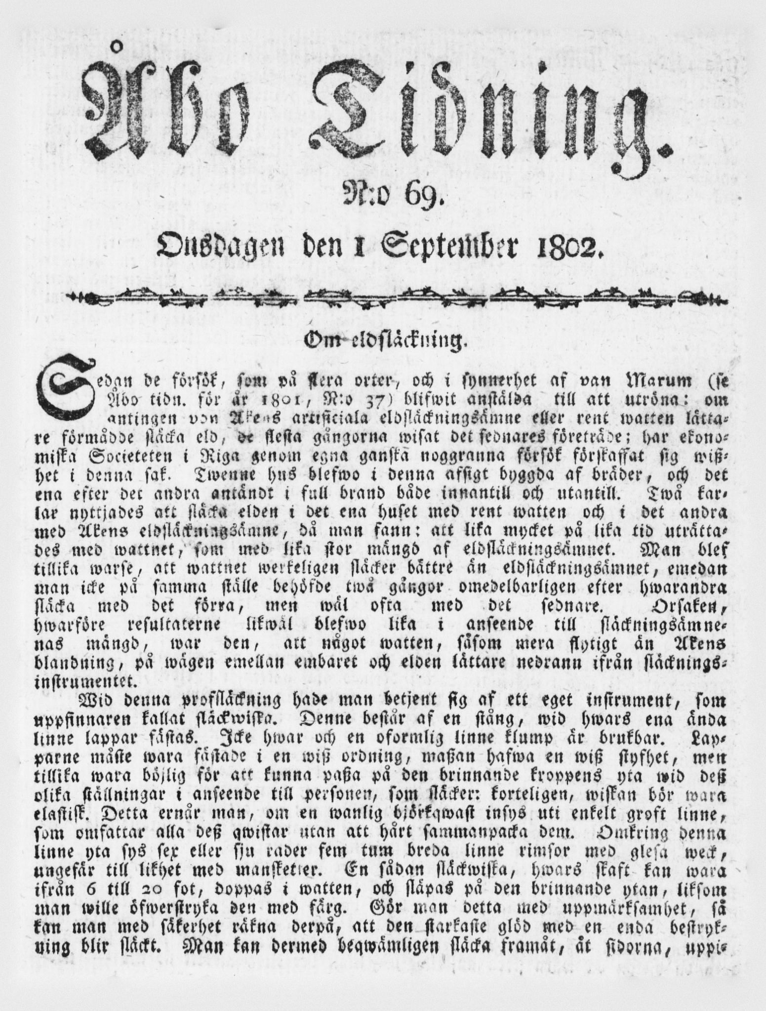 Tidningssida ur ÅBO TIDNING, 1802-09-01