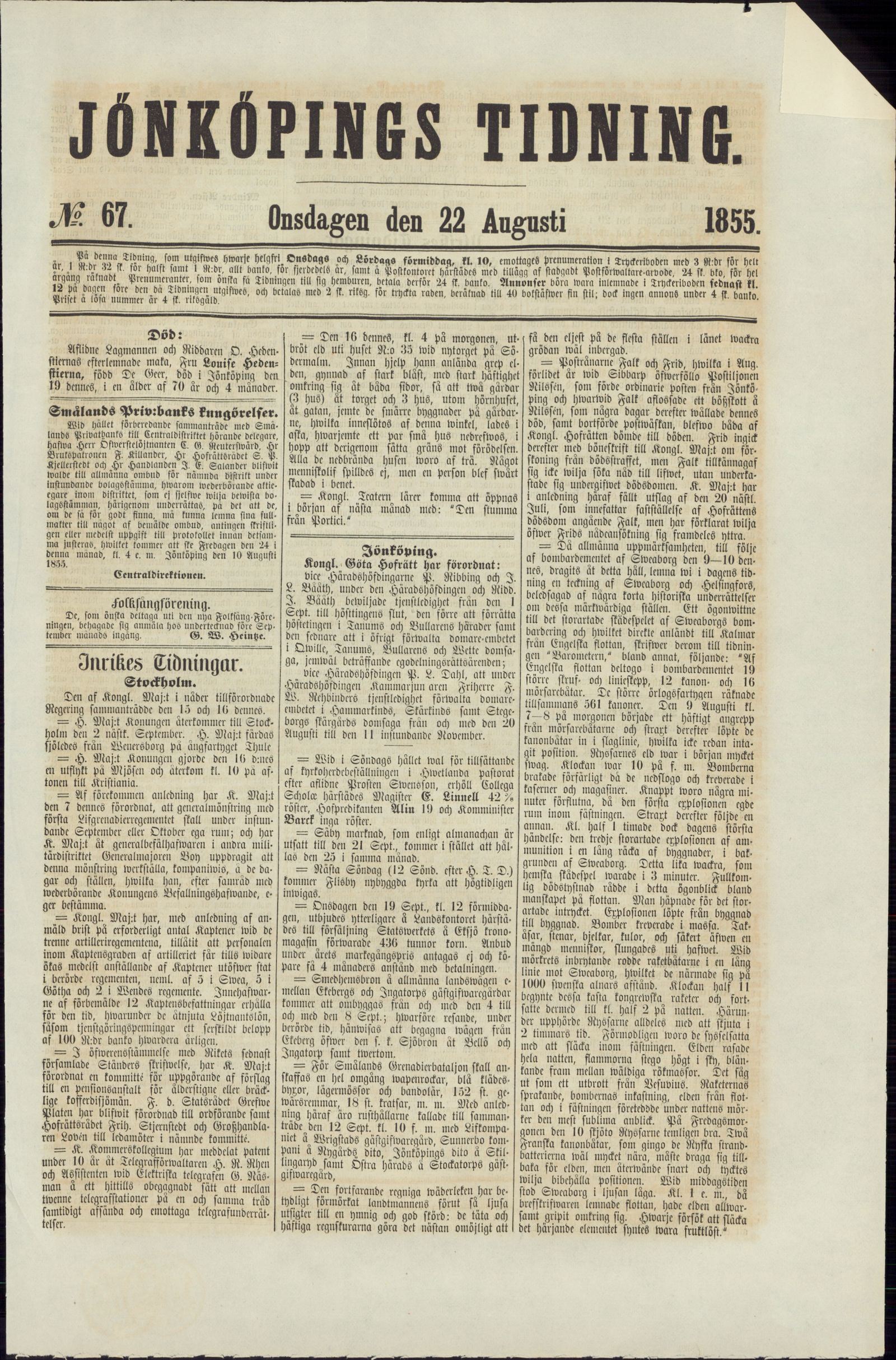 Tidningssida ur JÖNKÖPINGS TIDNING, 1855-08-22