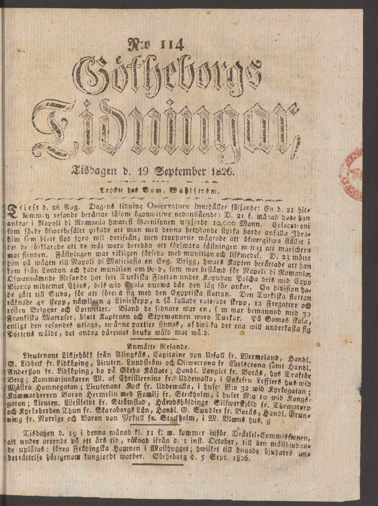 Tidningssida ur GÖTHEBORGS TIDNINGAR, 1826-09-19