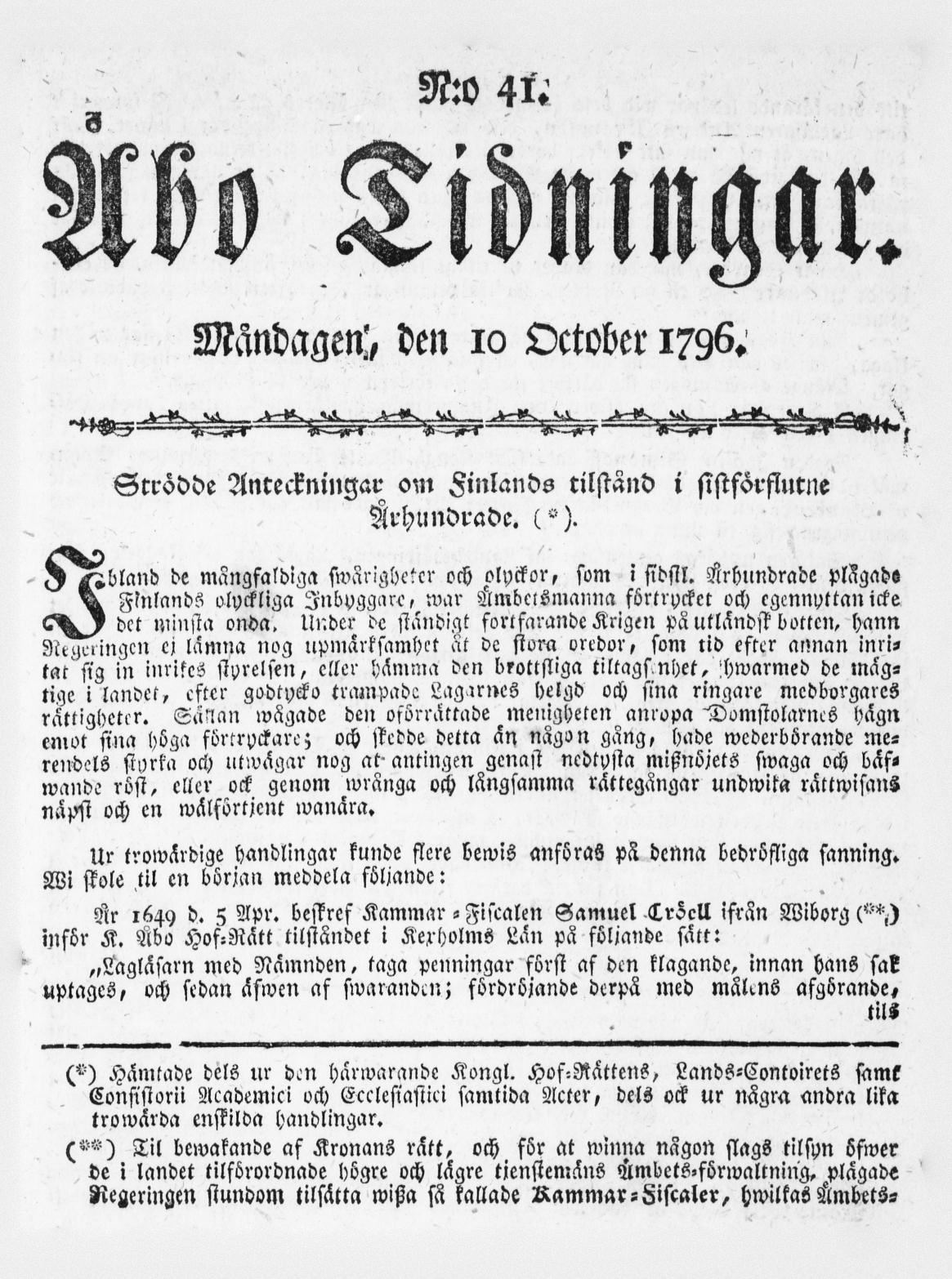 Tidningssida ur ÅBO TIDNINGAR, 1796-10-10