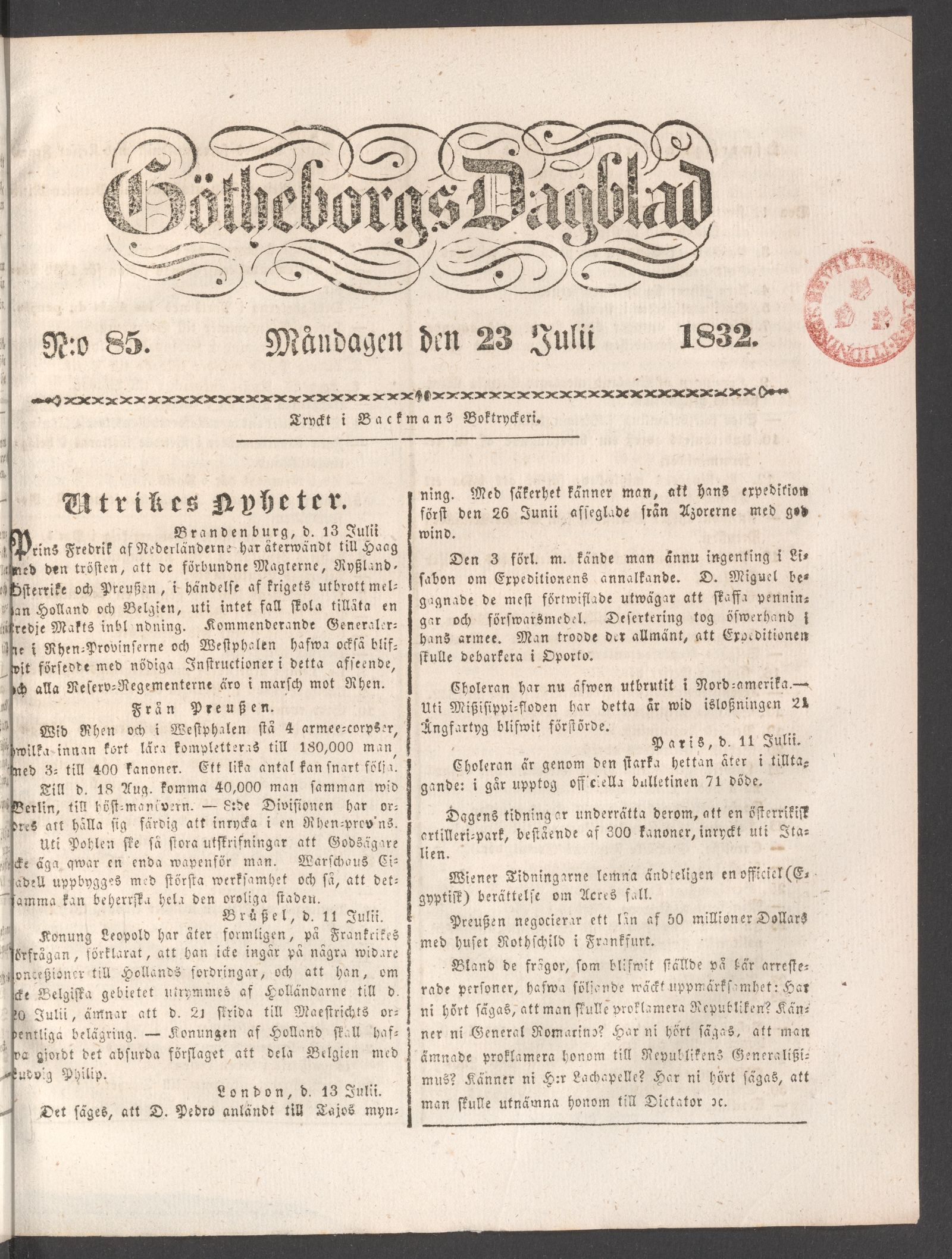 Tidningssida ur GÖTHEBORGS DAGBLAD, 1832-07-23