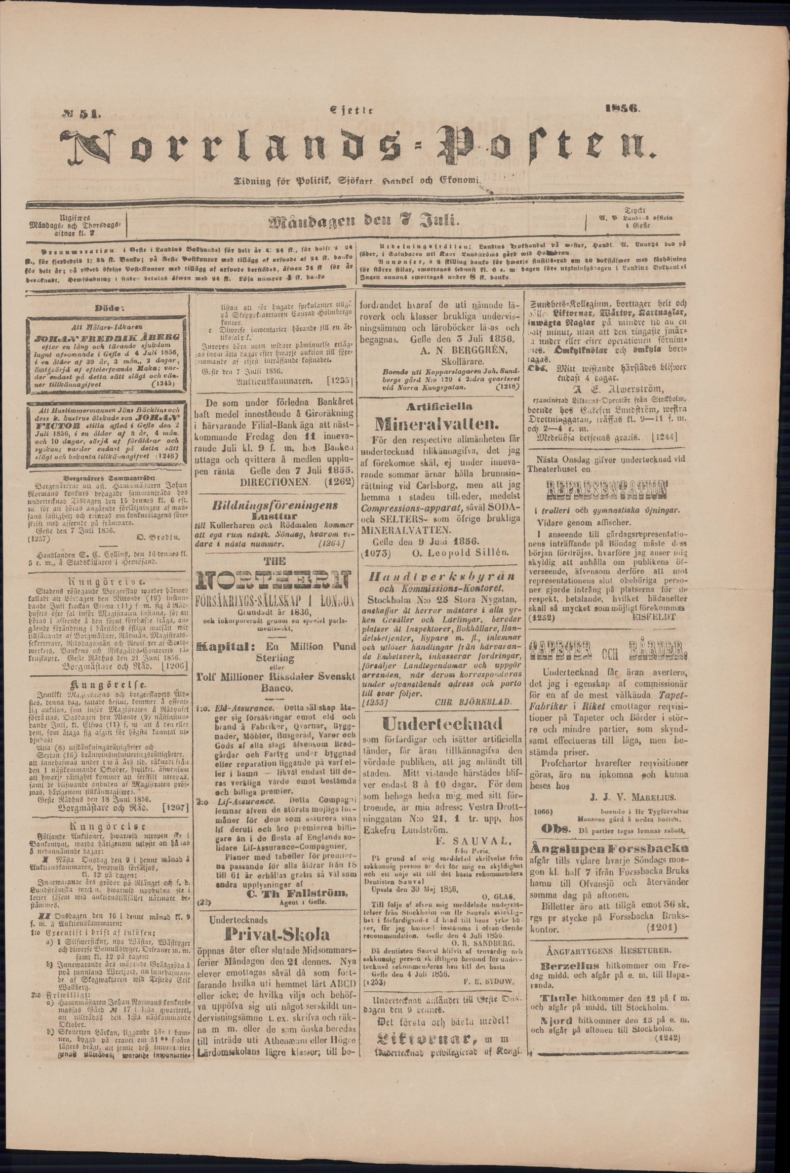 Tidningssida ur NORRLANDSPOSTEN, 1856-07-07