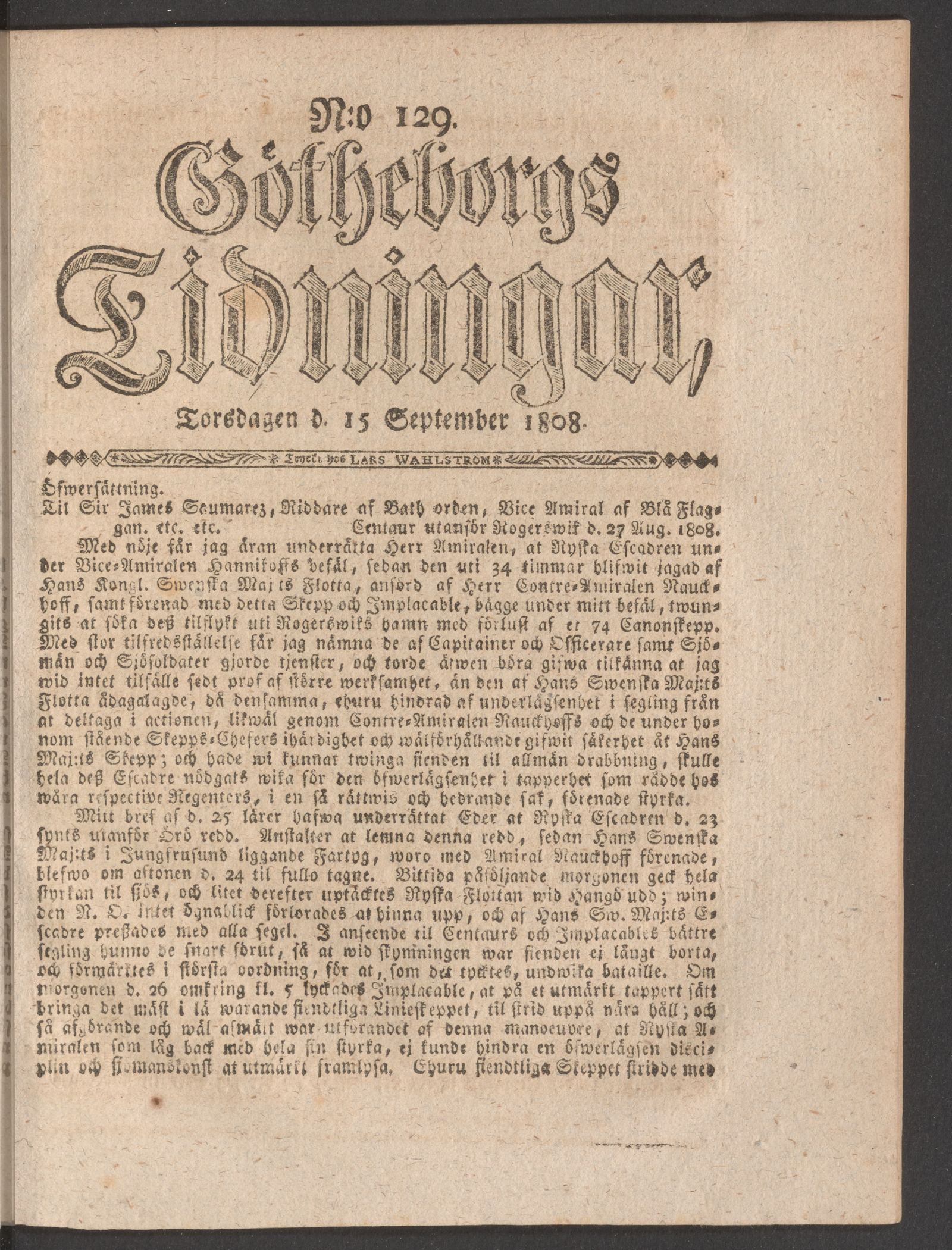 Tidningssida ur GÖTHEBORGS TIDNINGAR, 1808-09-15