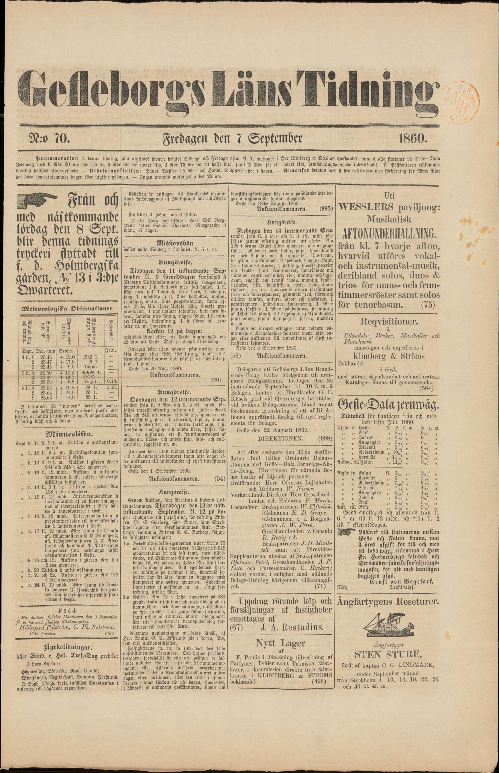 Tidningssida ur GEFLEBORGS LÄNS TIDNING, 1860-09-07
