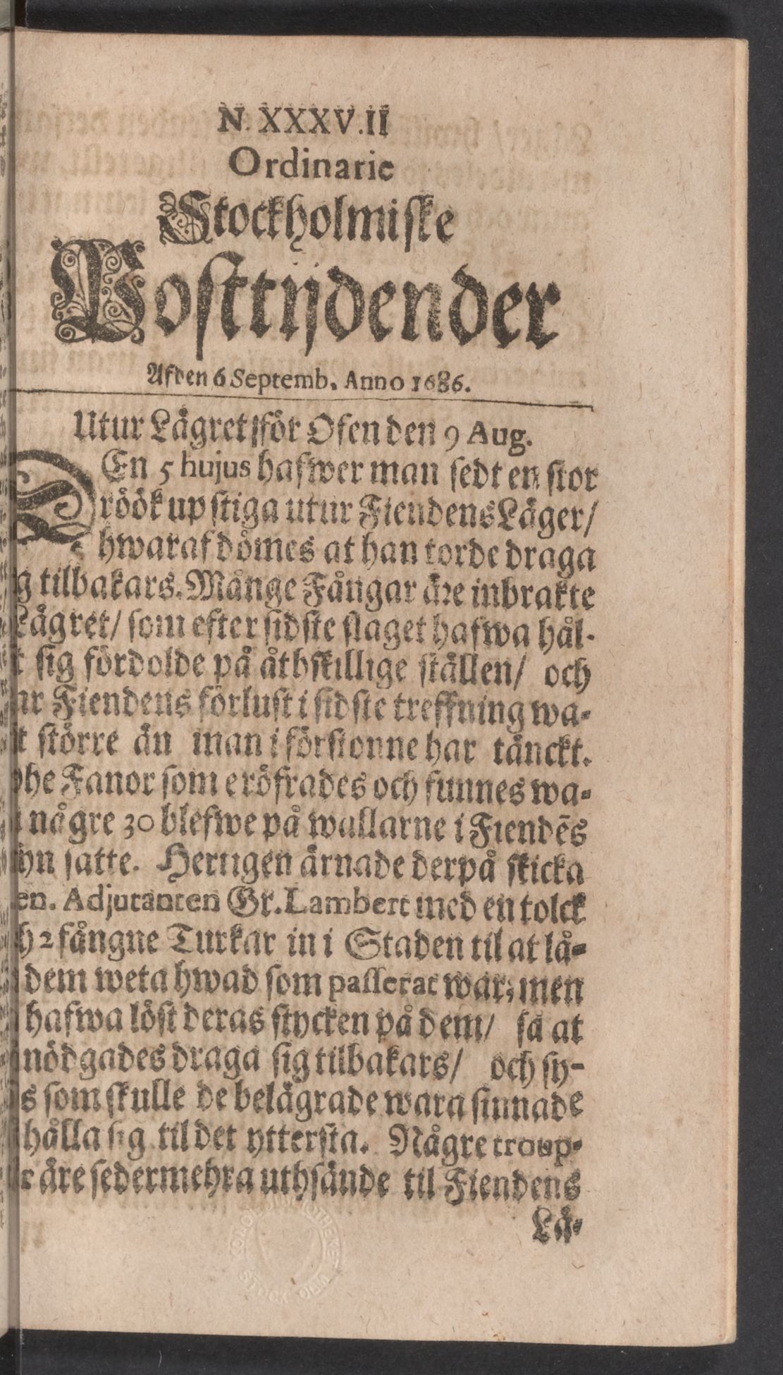 Tidningssida ur POSTTIDNINGAR, 1686-09-06